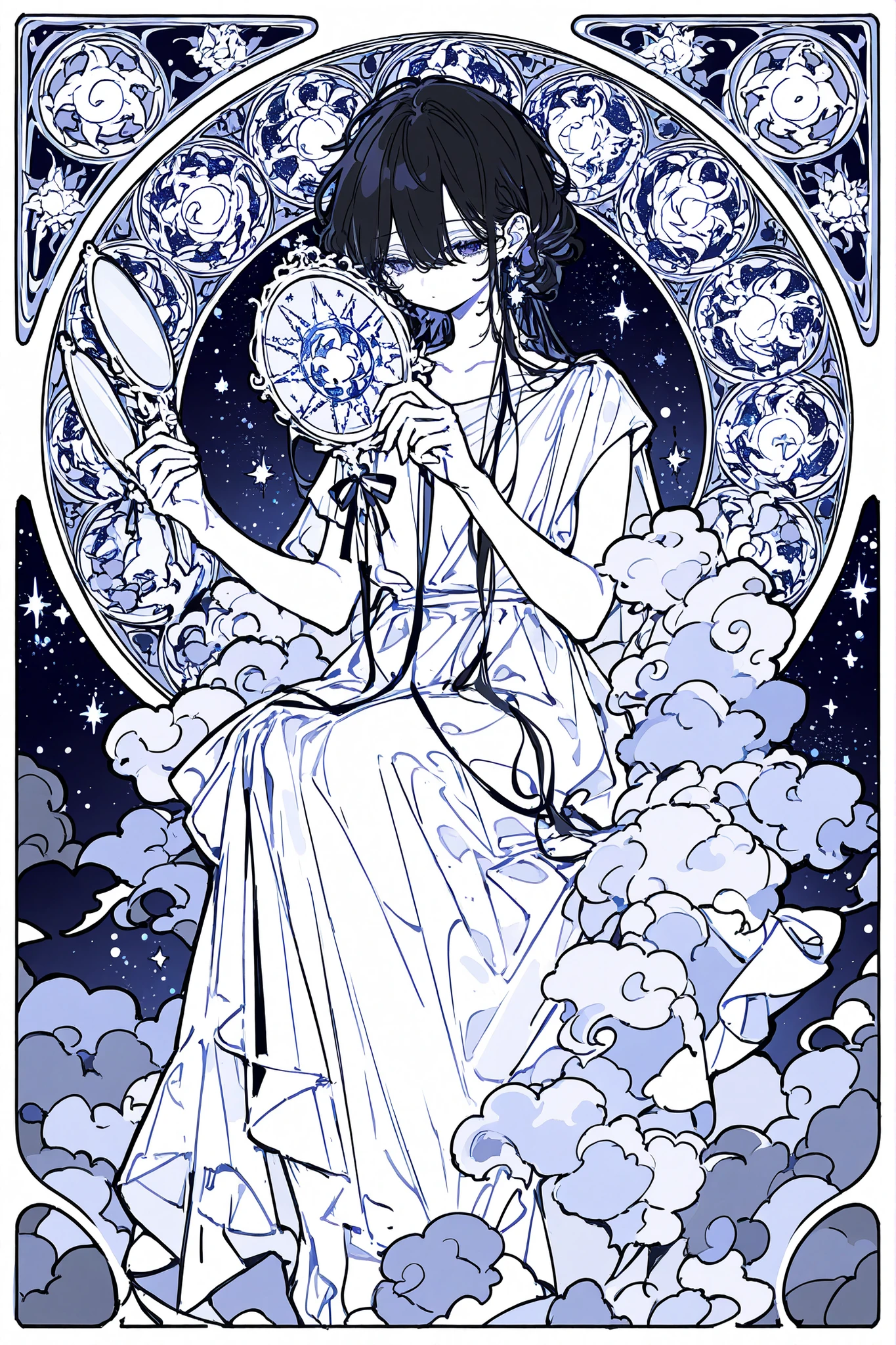 (ma1ma1helmes_b_illu,sketch,) Virgo zodiac sign in Art Nouveau style. A girl dressed in a white Greek tunic. She has a black curls on her head, a Greek ribbon with grapes. in her hands she holding a handmirror with the symbol of Venus. (IN the background: a starry sky with the image of virgo surrounded by an Art Nouveau frame decorated with stars and clouds. The symbol of the two-faced sun and moon on opposite sides of the frame.)