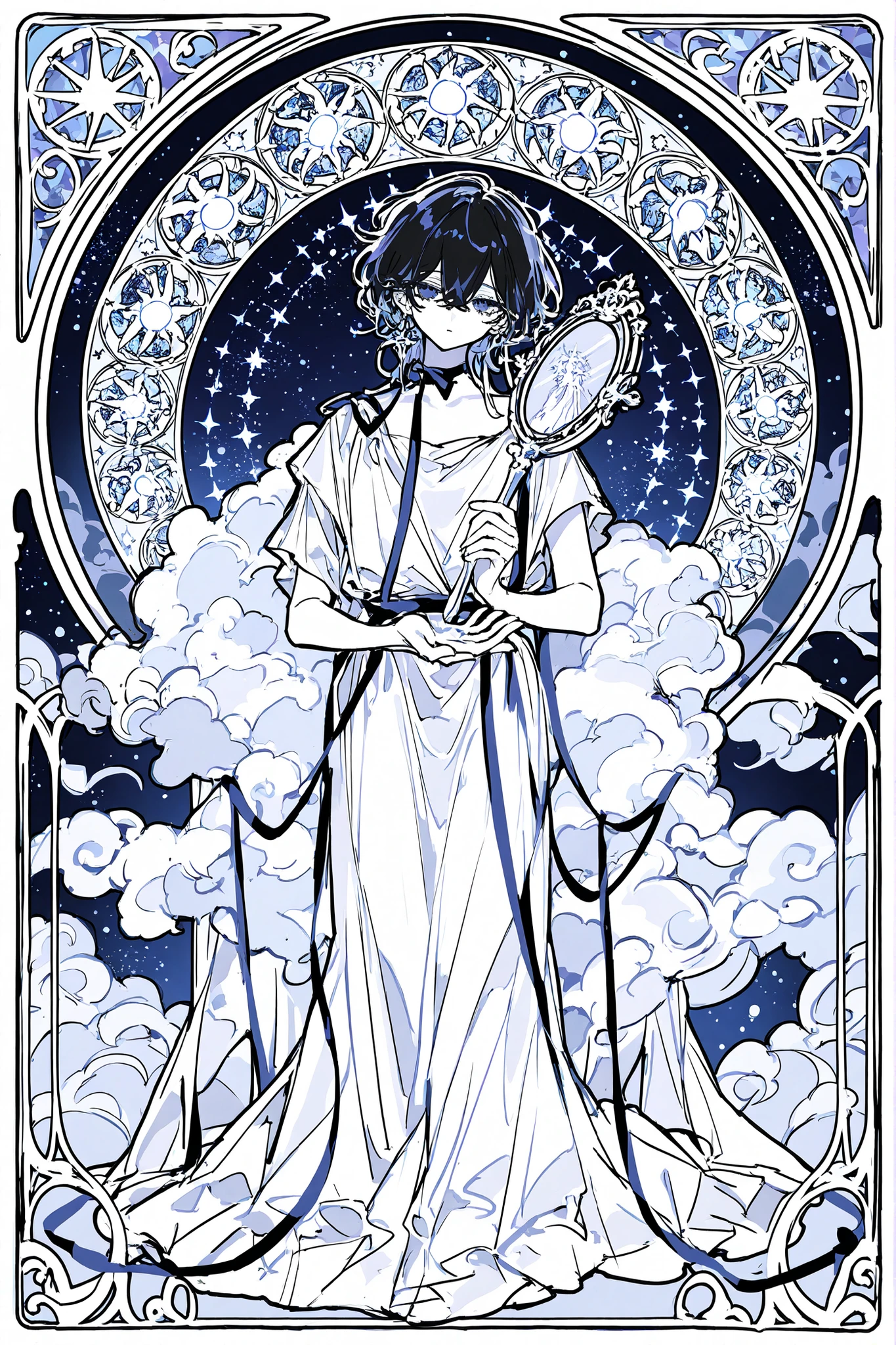 (ma1ma1helmes_b_illu,sketch,) Virgo zodiac sign in Art Nouveau style. A girl dressed in a white Greek tunic. She has a black curls on her head, a Greek ribbon with grapes. in her hands she holding a handmirror with the symbol of Venus. (IN the background: a starry sky with the image of virgo surrounded by an Art Nouveau frame decorated with stars and clouds. The symbol of the two-faced sun and moon on opposite sides of the frame.)