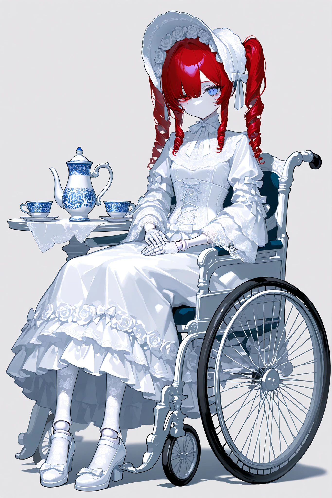 (xxx667_illu,doll joints,) Alive doll-girl, petite vintage cute porcelain articulated doll. Her body is made of white porcelain and  joints of her limbs are doll-like hinges. There's a crack marks on her porcelain face. She has scarlet red kinky hair is styled in two ringlets pigtails. She has heterochromia(one eye is blue the other eye is yellow). She wearing snow-white long lace puffy Lolita's dress with bows and  pink roses, lace stockings with garters , mary jane shoes with bows. she wearing silk lace white gloves. She wears a snow-white  bonnet with pink roses and bows on her head. She has bandages on her hips. She is sitting. (On The Background: Rose garden and gazebo. inside a vintage wheelchair, and table with a cups with tea, a teapot, a vase with roses on it.)