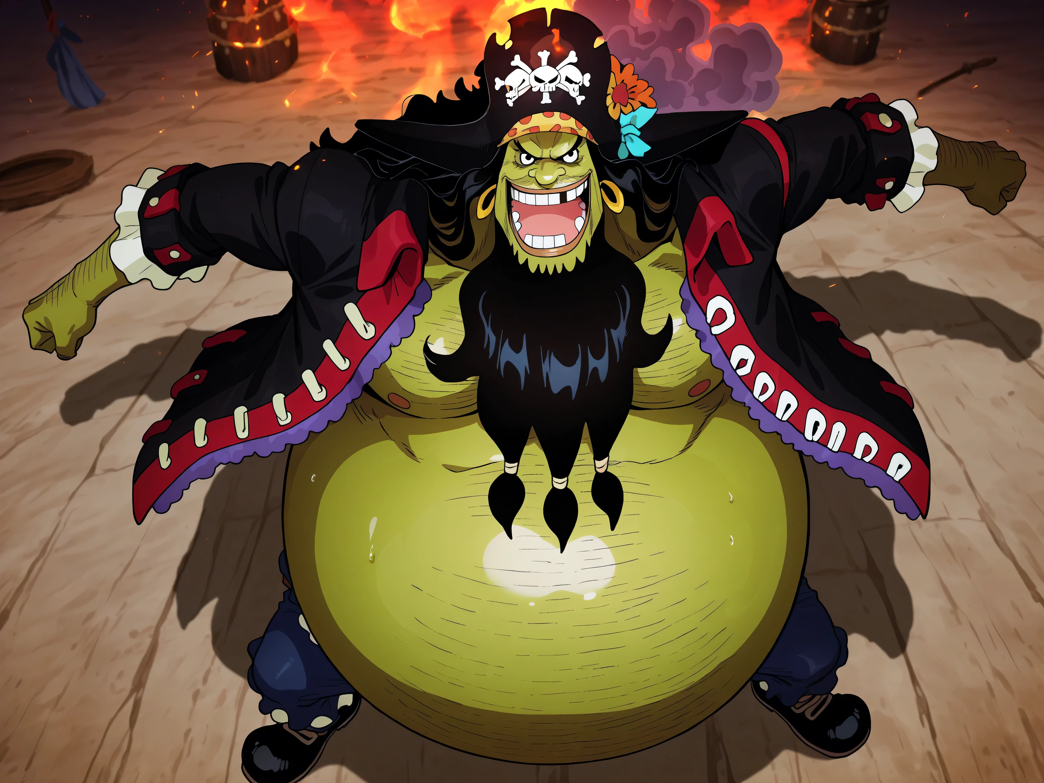 best quality, shading, anime screencap, ,marshall d teach, male missing tooth, black eyes, black beard, long hair male, long nose, hairy man, fat man, huge man, eyelashes, dark-skinned male, facial hair, ugly man,,solo, ((Marshall D. Teach)), ((green skin)), black eyes, Blackbeard , Long Nose, Fat Man, Giant Male, ((Marshal D. Teach's face)), ((perfect face)), belly showing , perfect eyes, ((perfect teeth)), full body view