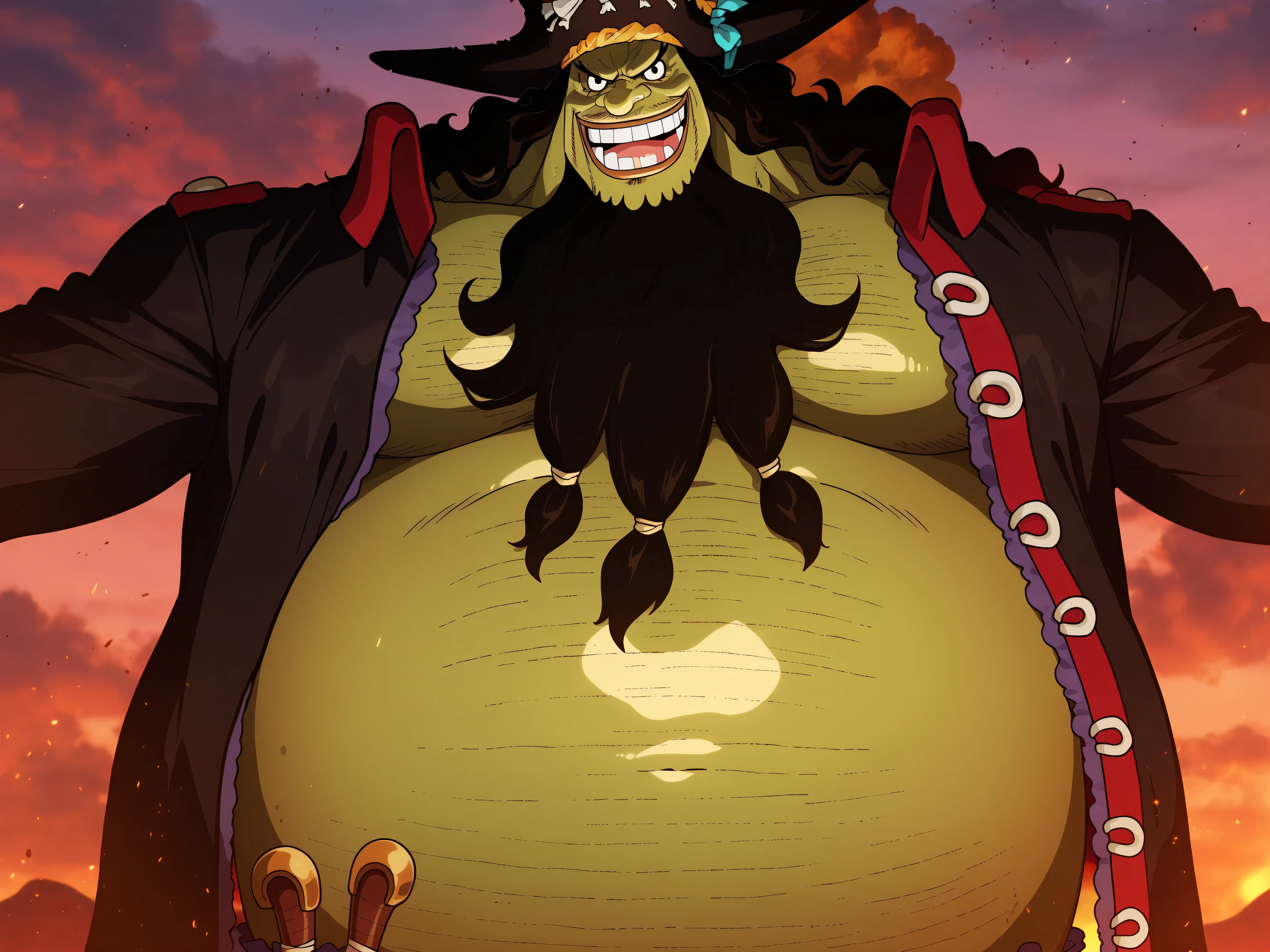 shading, anime screencap, ,marshall d teach, male missing tooth, black eyes, black beard, long hair male, long nose, hairy man, fat man, huge man, eyelashes, dark-skinned male, facial hair, ugly man,,solo, ((Marshall D. Teach)), ((green skin)), black eyes, Blackbeard , Long Nose, Fat Man, Giant Male, ((Marshal D. Teach's face)), ((perfect face)), belly showing , perfect eyes, ((perfect teeth))