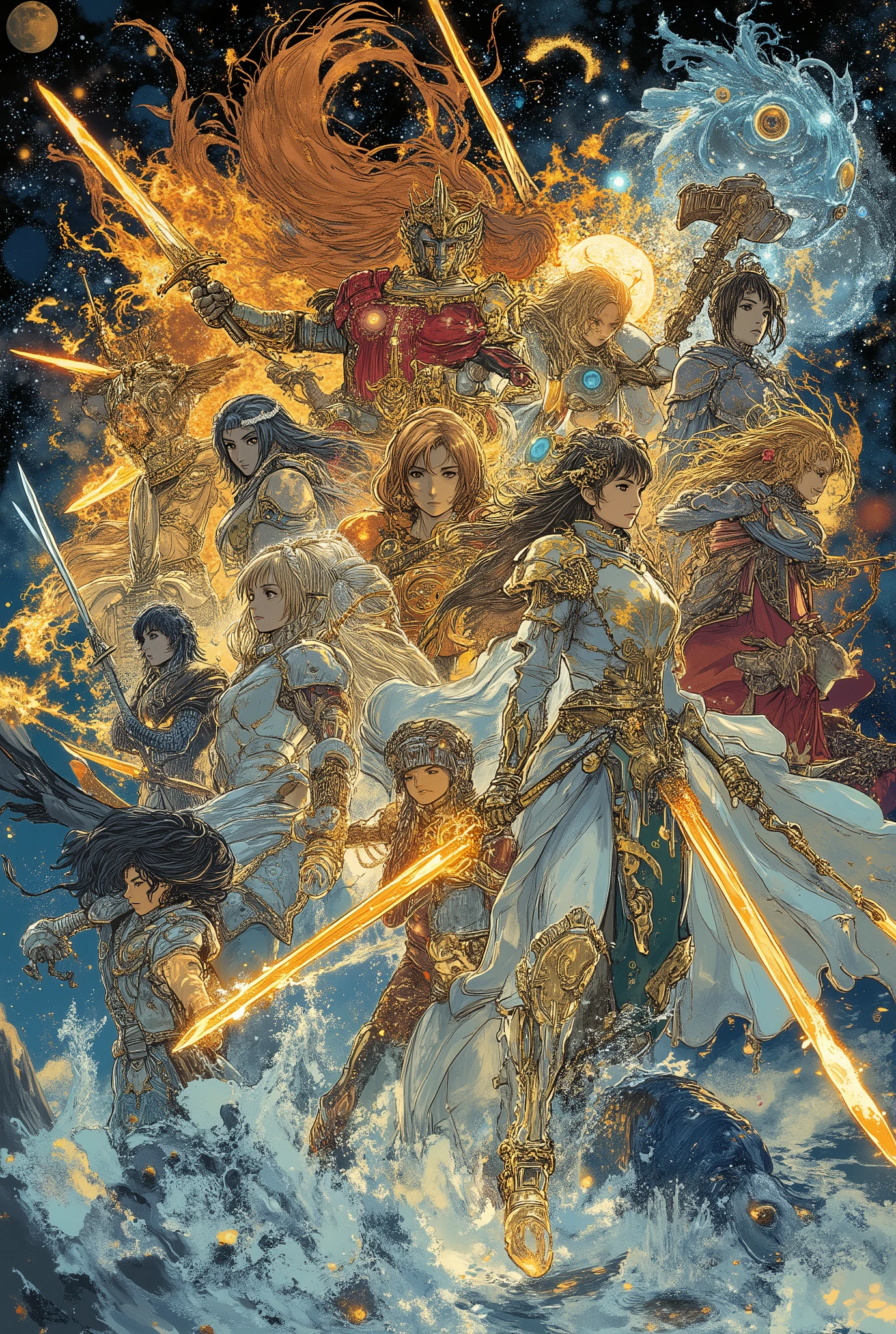 twelve beautiful female warriors, each representing a zodiac sign, Saint Seiya style, full body, dynamic action poses,
Aries dashing forward with dual blazing swords, fiery ponytail flowing, ram horn tiara glowing, red and gold armor,
Taurus standing firmly, swinging giant warhammer, heavy tower shield raised, bull horn tiara, silver and emerald armor,
Gemini leaping with dual swords (light and shadow), hair flowing asymmetrically, twin motif tiara, white and black armor,
Cancer crouching defensively, dual claw weapons ready, translucent crab shell shield, crab claw tiara, sea green armor,
Leo roaring, golden sword raised high, round lion-face shield at side, lion mane tiara, golden armor,
Virgo floating slightly, holy staff raised, winged shield glowing, flower and wheat tiara, white armor,
Libra poised elegantly, dual swords crossed, half black-half silver shield held forward, balance scales tiara, asymmetrical armor,
Scorpio stealthily moving, poisonous spear pointed forward, black carapace shield angled, scorpion tail tiara, black and deep red armor,
Sagittarius drawing golden bow, arrow glowing with starry light, light shield on arm, feathered arrow tiara, golden armor,
Capricorn standing solid, black iron axe raised, mountain-patterned shield blocking, goat horn tiara, black and silver armor,
Aquarius flowing forward, ice spear extended, flowing water shield raised, water motif tiara, blue and silver armor,
Pisces swirling gracefully, dual wave swords moving in arcs, translucent sea-foam shield, twin fish tiara, blue-white gradient armor,
cosmic fantasy background with glowing constellations, magical aura around each warrior, epic harmonious composition, dramatic lighting, highly detailed, anime-style