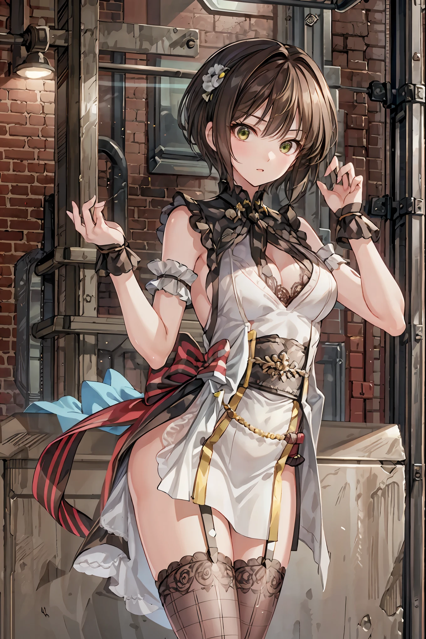 ((Highest Quality)), (Highly Detailed), (high definition CG composite 8k wallpaper), 高いly detailed, 高い-definition raw colbor photos, professional photo shoot, Depth of Written Boundaries,garter belt,Falling to Earth Glamorous Tights, garter belt・ストッキング, Annoying Expression, Embarrassing Gestures, Dim atmosphere, Mysterious Light, like a painting, 4K realistic high resolution, Superb Realism, Delicate Details, Dark Fantasy, oil painting texture, warm color, captivating charm