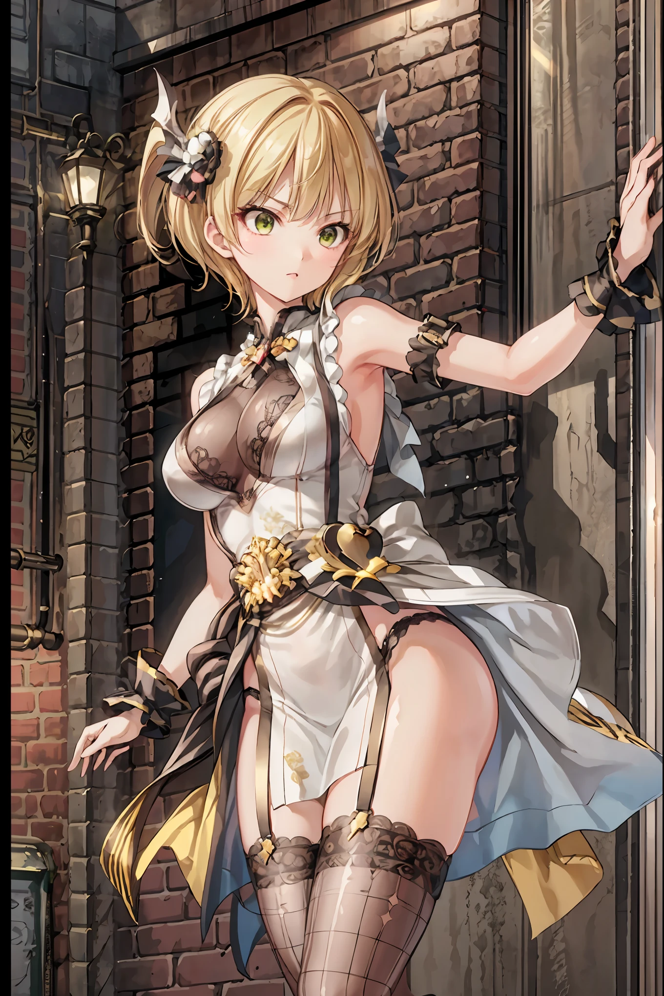 ((Highest Quality)), (Highly Detailed), (high definition CG composite 8k wallpaper), 高いly detailed, 高い-definition raw colbor photos, professional photo shoot, Depth of Written Boundaries,garter belt,Falling to Earth Glamorous Tights, garter belt・ストッキング, Annoying Expression, Embarrassing Gestures, Dim atmosphere, Mysterious Light, like a painting, 4K realistic high resolution, Superb Realism, Delicate Details, Dark Fantasy, oil painting texture, warm color, captivating charm