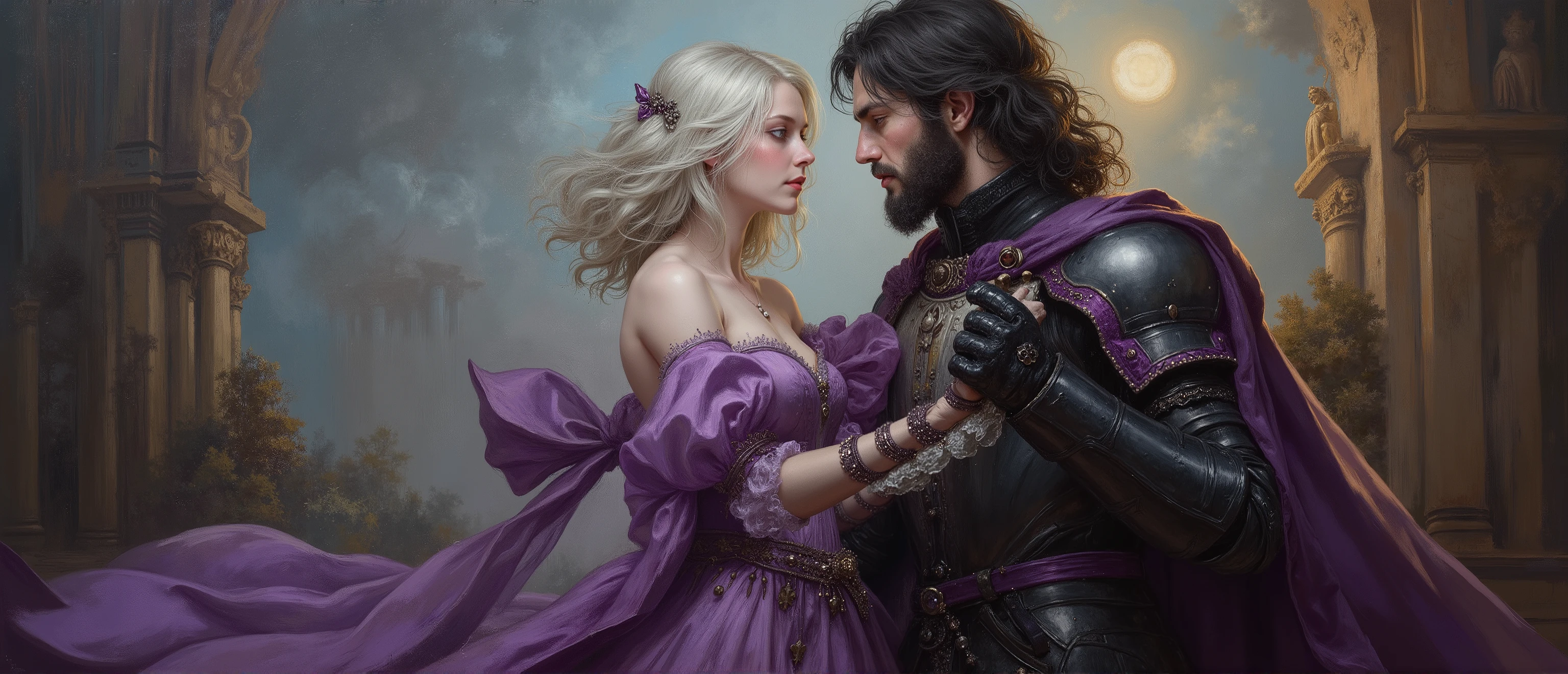 Epic oil painting, baroque rococo renaissance surrealism impasto oil painting with Rembrandt lighting. post apocalypse, студия мегаEpic oil painting, 16 thousand,  (masterpiece, best quality, ultra-detailed, resolution 8k),
I want to create with long and smooth white, sharp reddish eyes, dressed in purple medieval dress, dancing with gentleman in black armor and purple details, with dark anime aura.short haired woman.