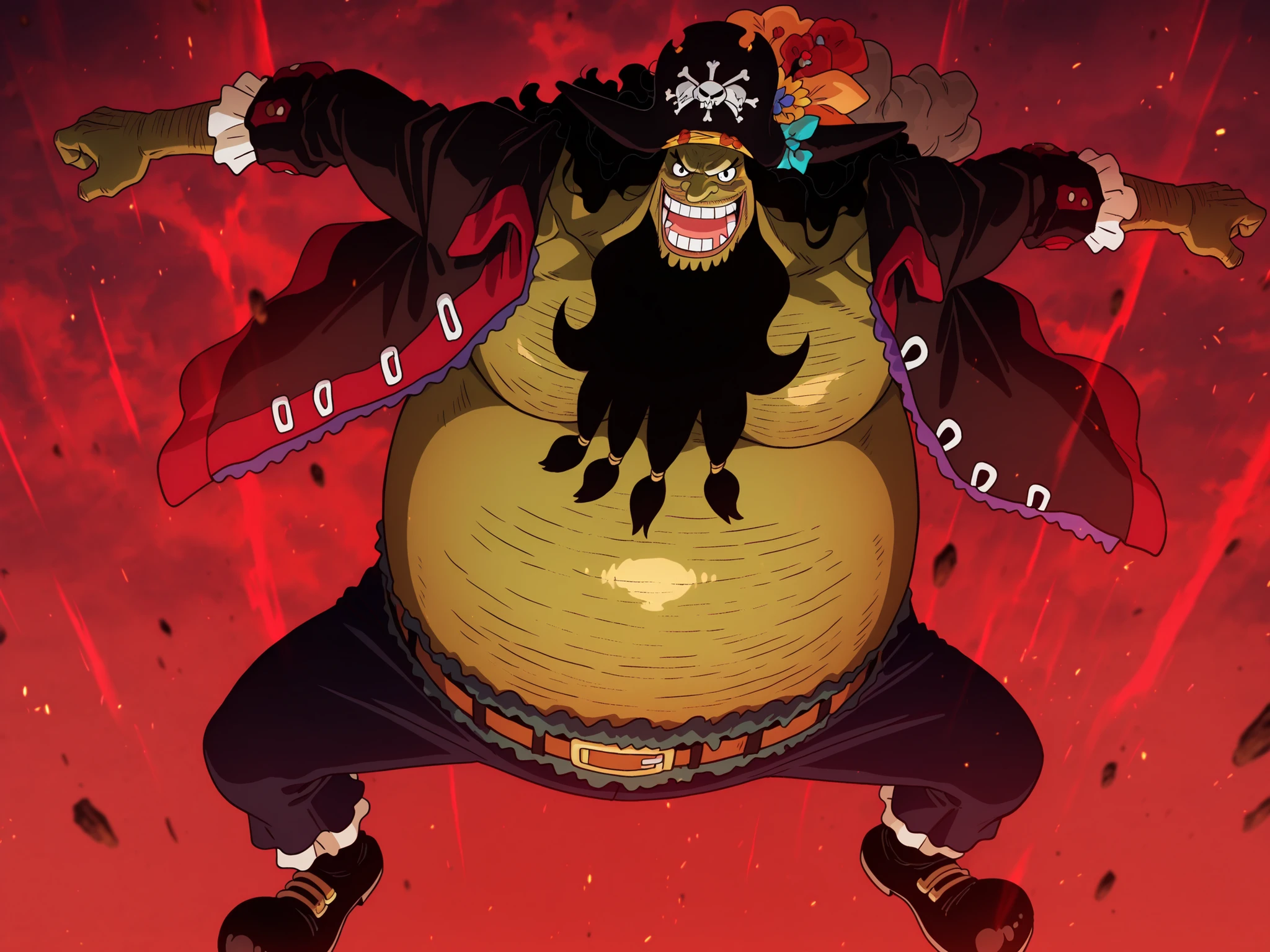 shading, anime screencap, ,marshall d teach, male missing tooth, black eyes, black beard, long hair male, long nose, hairy man, fat man, huge man, eyelashes, dark-skinned male, facial hair, ugly man,,solo, ((Marshall D. Teach)), ((green skin)), black eyes, Blackbeard , Long Nose, Fat Man, Giant Male, ((Marshal D. Teach's face)), ((perfect face)), belly showing , perfect eyes, ((perfect teeth)), full body view