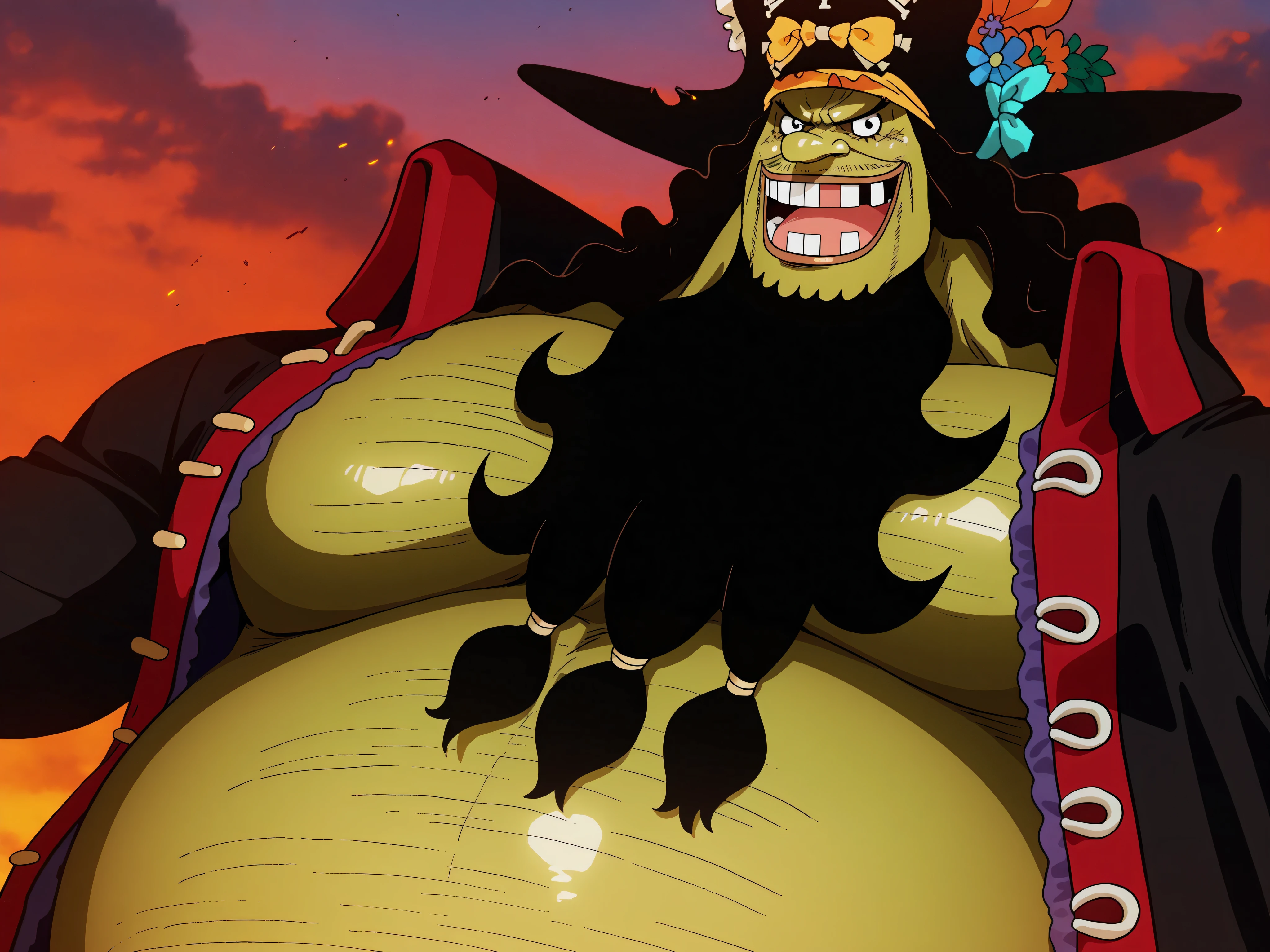 shading, anime screencap, ,marshall d teach, male missing tooth, black eyes, black beard, long hair male, long nose, hairy man, fat man, huge man, eyelashes, dark-skinned male, facial hair, ugly man,,solo, ((Marshall D. Teach)), ((green skin)), black eyes, Blackbeard , Long Nose, Fat Man, Giant Male, ((Marshal D. Teach's face)), ((perfect face)), belly showing , perfect eyes, ((perfect teeth))