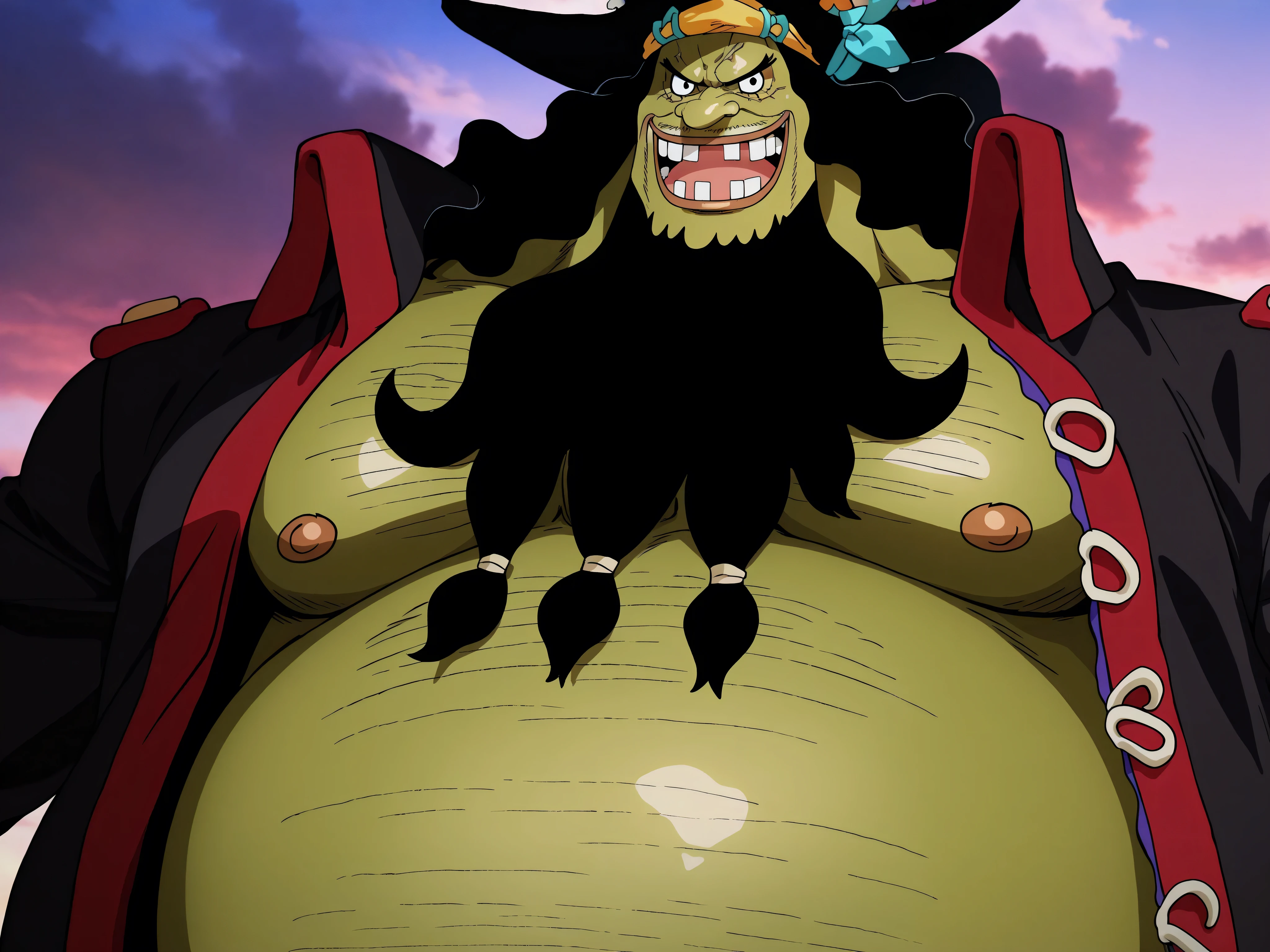 shading, anime screencap, ,marshall d teach, male missing tooth, black eyes, black beard, long hair male, long nose, hairy man, fat man, huge man, eyelashes, dark-skinned male, facial hair, ugly man,,solo, ((Marshall D. Teach)), ((green skin)), black eyes, Blackbeard , Long Nose, Fat Man, Giant Male, ((Marshal D. Teach's face)), ((perfect face)), belly showing , perfect eyes, ((perfect teeth))