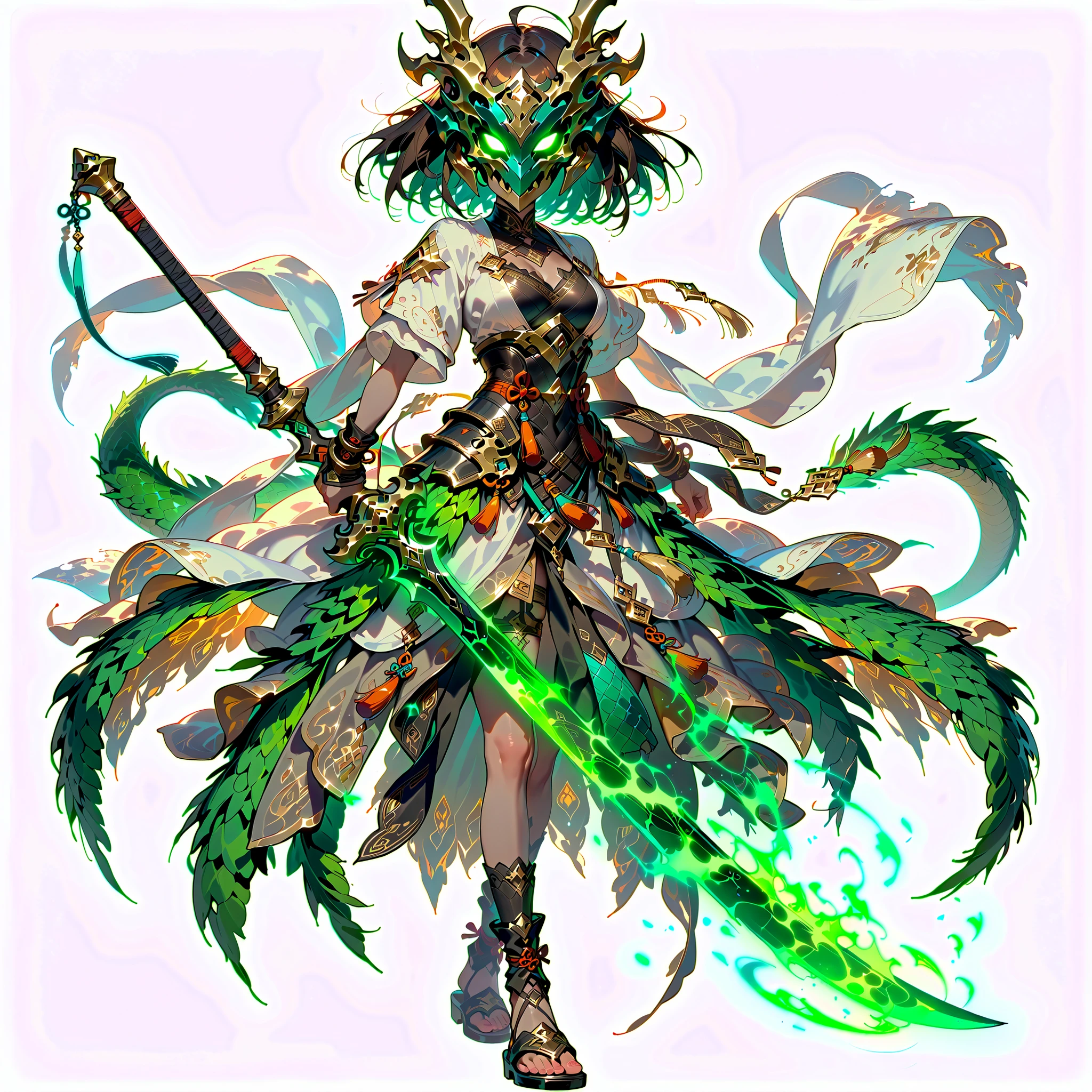(((masterpiece))), (((Best Quality))), ((Ultra-detailed)), (anime Illustration), ((extremely delicate and beautiful)), solo, Full body, Fantasy hero, noble warrior lady, black shaggy short hair, dark brown skin, eyes burned green, Wearing a Bali-style dragon mask, (held tattered sword), subtropical clothing and scale pattern war gear, wearing sandal boots that cover up to her knees, supernatural green flame, full body standing, Whole body, (((white background)))