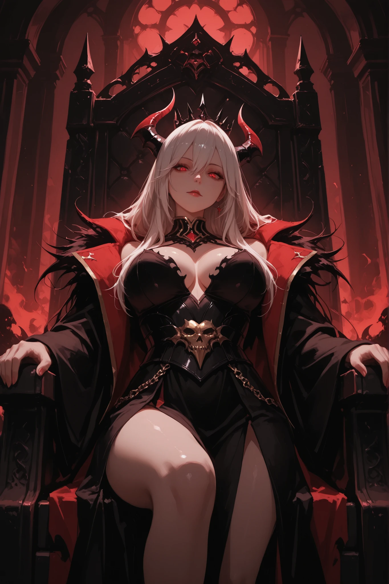 Demon Queen, Throne of Darkness Room of Darkness,looking down at the viewer,fearless smiles