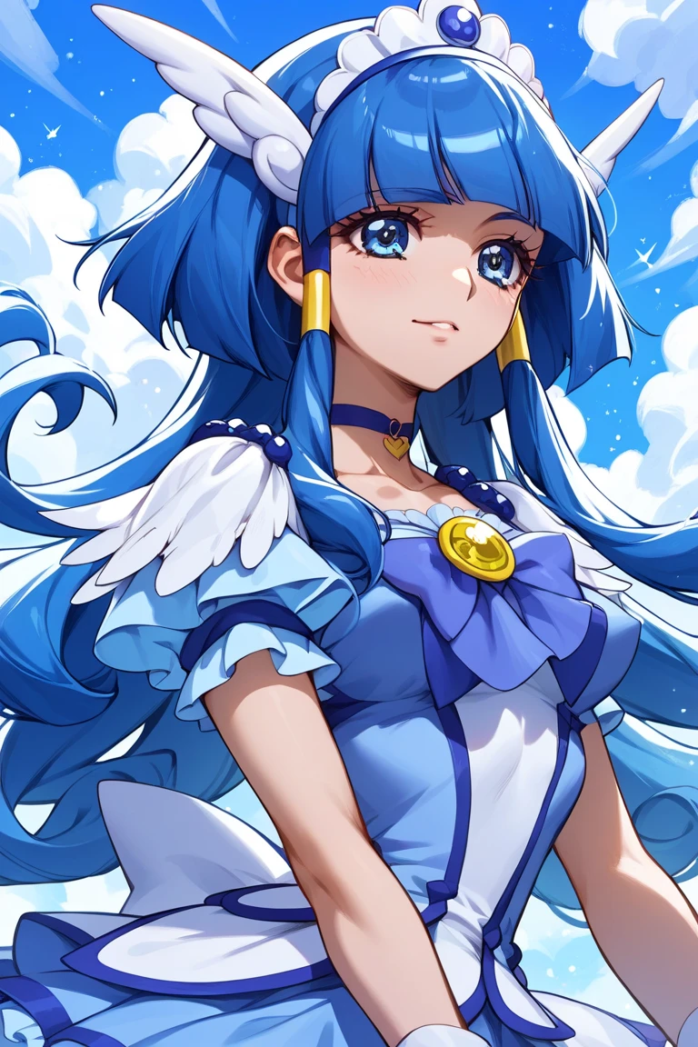 score_9, score_7_superior, masterpiece, Highest quality, sauce_anime, Perfect Face, Beautiful attention to detail, anime screencap, Break AR-CB, One girl, blue eyes, Long Hair, Hair Tube, Side Lock, Blue Hair, Blunt bangs, hair ornaments, Wings on the head, tiara, Blue choker, Blue ribbon, Blue shorts, Blue Skirt, Bike Shorts, Shorts under the skirt, Blue wrist cuff, Flat chest on knees, smile, blush, Open your mouth, Are standing, Cute pose, Tilt your head, Rest Outdoors, city, street, Cowboy Shot,