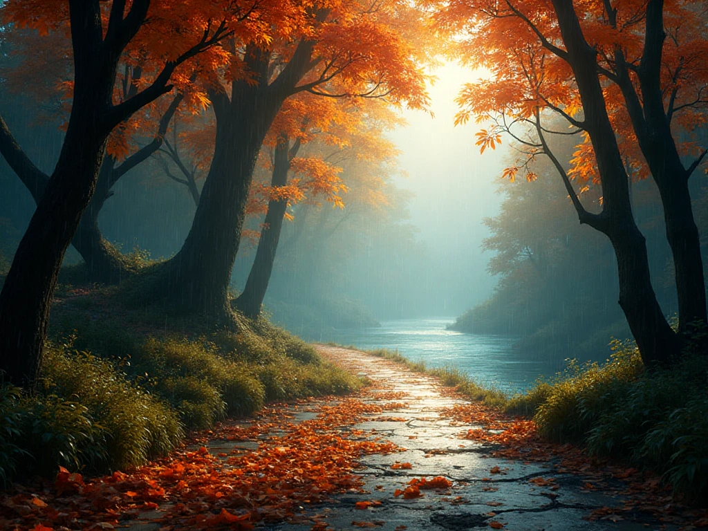 Rainy autumn riverside forest path, orange and red leaves scattered on wet ground, sunlight breaking through clouds, no humans.