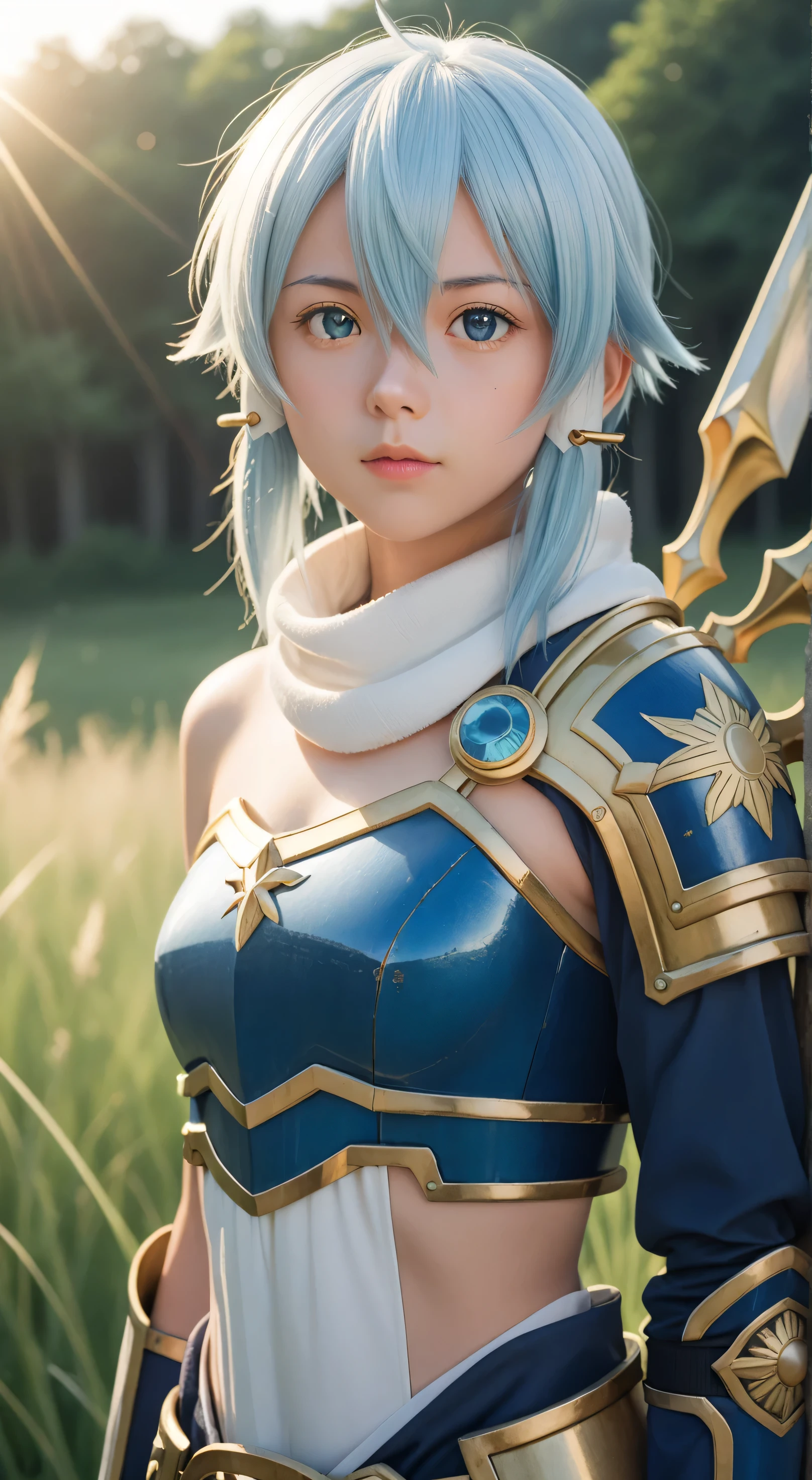 1girl, solo,asada shino,blue eyes,blue hair,hair between eyes, short,outdoors,potrait,small breast,nature,standing under ruins,sidelocks,(sunset lighting:1.5),red sunset,looking at viewer, front view,close up,white scarf,arm warmers,black glove,(tall grass background:1.5),close up,(gold armor:1.5),(giant metal wings appearing from her back with scattering iridescent light:1. 5)