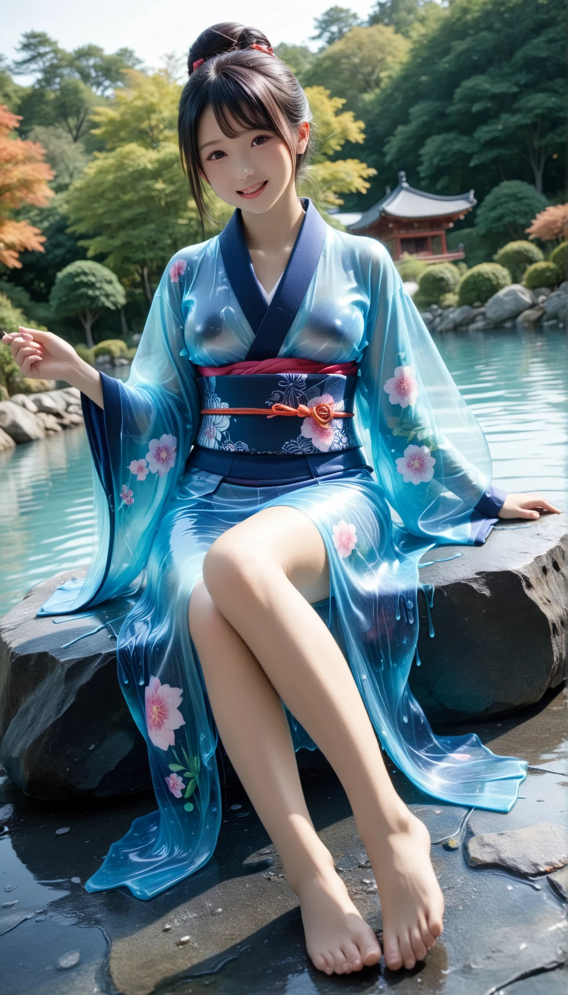 最High Quality 、High Quality 、 最High Definition、High Definition、8K quality、high image quality 、最High Quality、 masterpiece 、immersive video、 very realistic image 、Realistic Paintings、 perfect details 、 from out of view High contrast 、High Fidelity、 perfect photo without blur、close to reality、 full of details Reproduced image、 EXQUISITE AND REALISTIC WEAPONS 、 Exquisite and realistic human skin 、 Realistic face in every detail、 realistic eyes with great attention to detail 、 Realistic lips drawn with minimal detail 、 detailed and real teeth、Real Ears、 Realistic Hair 、((Japanese Model))、((gravure idol))、((Young face))、((black hair))、((rounded medium breasts))、((Stylish Body ))、(((Shiny skin all over the body )))、(((Mucous Slime )))、(((Mucous Jelly)))、((I wear a jelly kimono made of transparent slime,透明なMucous Slime が肌にぴったりとフィットする))、((wear a jelly kimono made of transparent jelly,透明なMucous Jellyが肌にぴったりと密着する))、((The transparent jelly kimono dissolves))、((the skin is visible through the transparent jelly kimono))、(((Mucous Slime )))、(((Mucous Jelly)))、((wear a mucous kimono made of transparent slime,透明なMucous Slime が肌にぴったりとフィットする))、((wear a mucus kimono made of transparent jelly,透明なMucous Jellyが肌にぴったりと密着する))、((My kimono with transparent mucus is melting and dripping))、((the skin is visible through the transparent mucus kimono))、((traditional Japanese garden))、((Blue Sky))、((( and sits on a rock,Pose to raise one leg and make your thighs look beautiful )))、(((faithfully floating on top of semen hot springs,)))、(((mucus sperm hot springs filled with semen slime)))