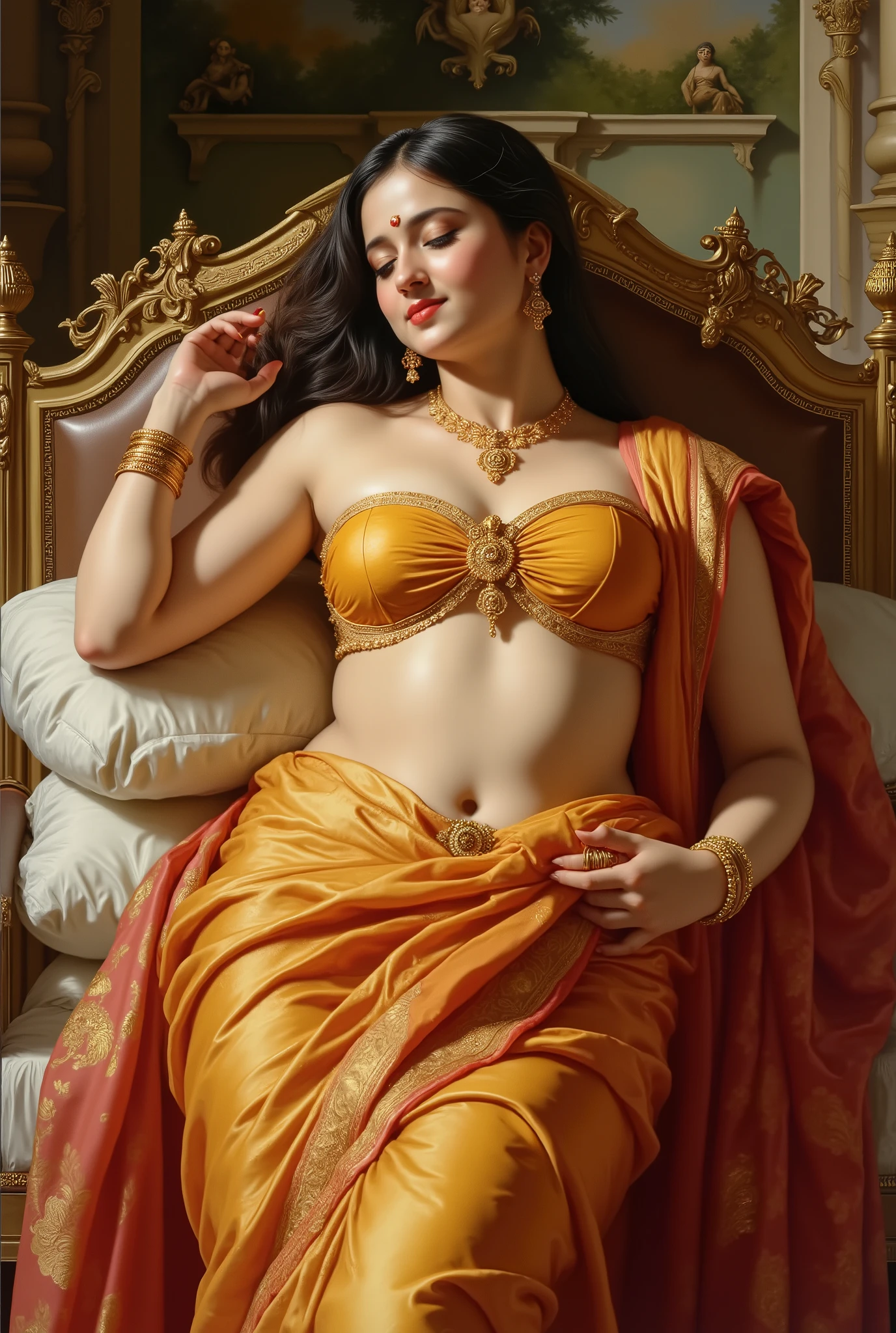 Full hd elegant picture of princess wearing wet saree and wet blouse sleeping on the bed in the palace full picture 