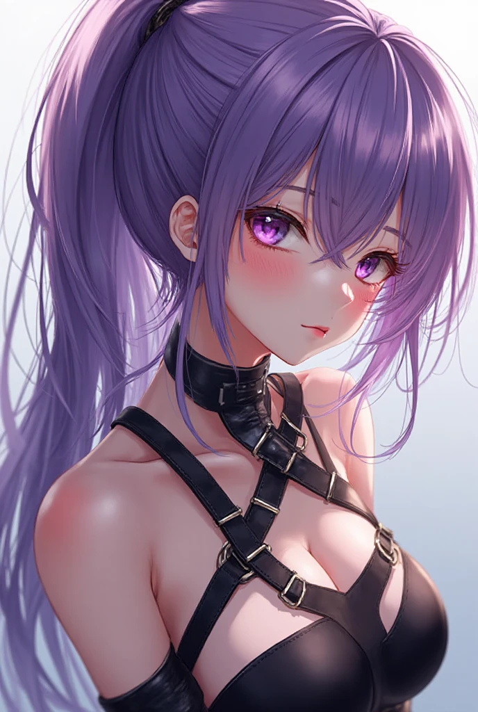 Masterpiece, Best Quality, highres, 1Girl, Solo, silver hair, long wavy hair, purple Eyes, Upper body only, stone wall background, no shirts, ????????, white brassiere, white ?????????, ?????????????, large slave collar, leash, angry face with tears, handcuffs, hands tied