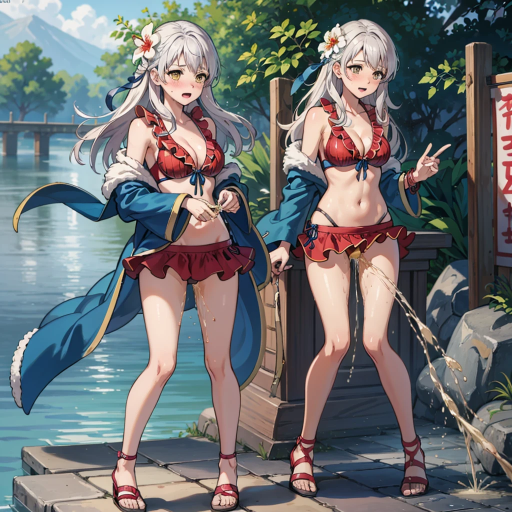 masterpiece, best quality, 1 girl, Ayame, night, Protruding ???????, assertive women, holding purple vial, Sweat, Purple tree, blue moon, balcony, Mountain, river, Lace-rimmed gloves, black ??????, Capulet, ?????? compressions, + +, blush, Smile, open mouth, Exposing ???????, pointing finger at mouth