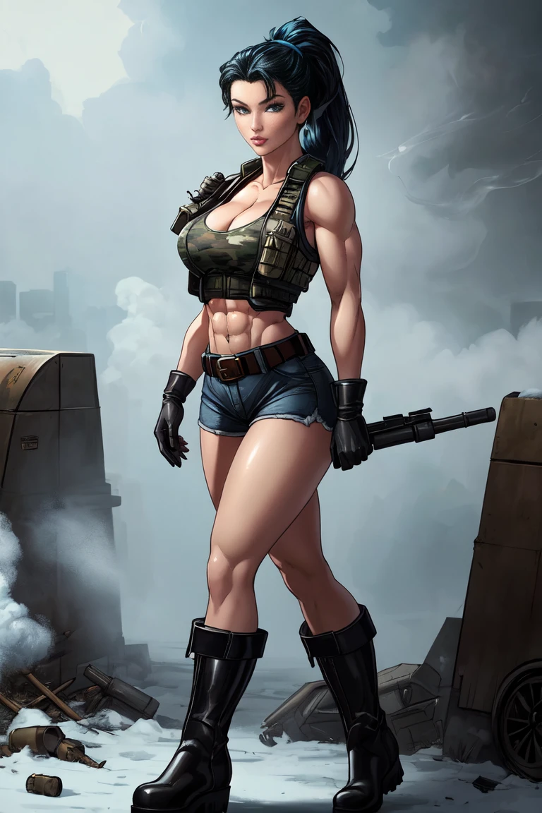 (masterpiece, top quality, best quality, official art, beautiful and aesthetic:1.2), (1girl:1.3), (gray hair victory curls), vintage 1940's American hairstyle, extremely detailed, portrait, looking at viewer, solo, (full body:0.6), detailed background, close up, vintage makeup, retro style, (warm summer military base theme:1.1), pinup girl, elegant face, long face, charlatan, smirk, mysterious, patriotic military costume, high heels, legs, P 31 mustang plane, WWII plane, fighter, plane,(((( medium, ?????? )))), toned, slim waist, slim ????, long legs, muscular legs, historical (WW2 airbase exterior:1.1) background, dark mysterious lighting, shadows, magical atmosphere, dutch angle, (((((huge muscles)))))
