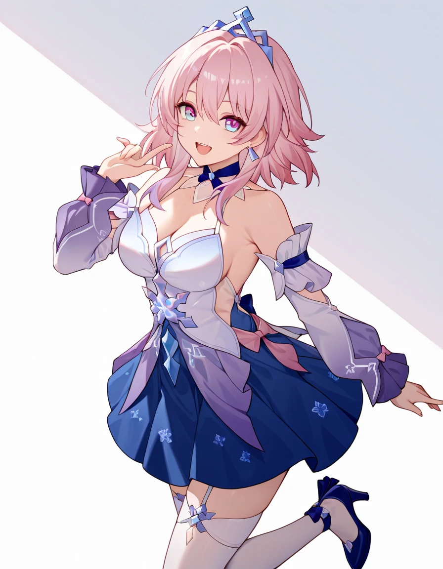 masterpiece, highres,best quality,<lora:hirahara hiori-Ill-001:1>, hirahara hiori, solo, 1girl, reflector, gloves, dress, pink hair,  shoulders, hair ornament, looking at viewer, jewelry, , navel, pink dress, braid, collarbone, standing, necklace, wide sleeves, navel cutout, black gloves, boots, detached sleeves, clothing cutout, jumping,