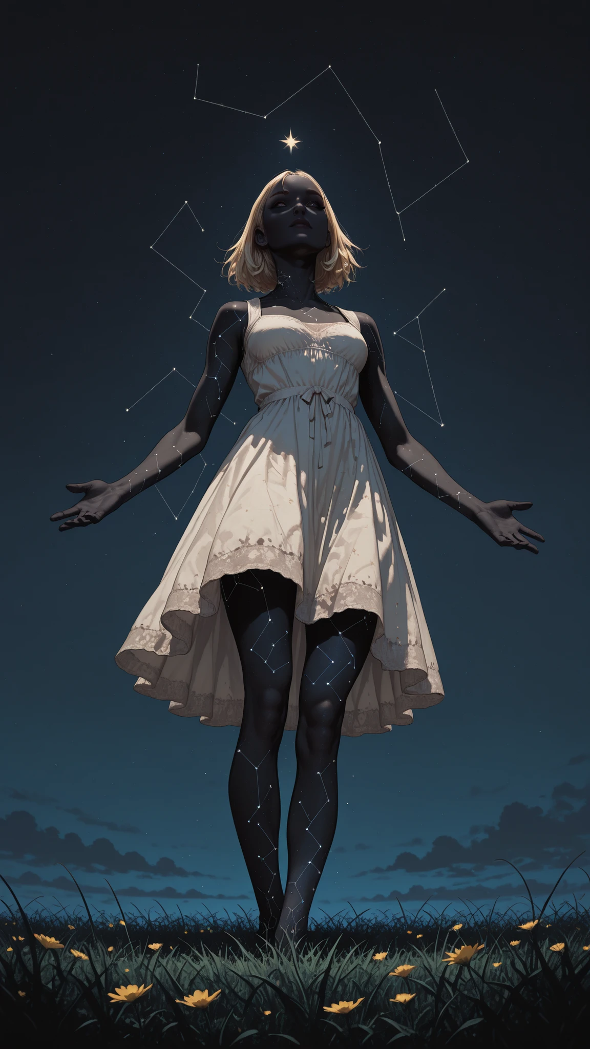 HDR, 8K, masterpiece, best quality, amazing quality, very aesthetic, realistic, newest, volumetric lighting, (flat colors:0.7), (artist:incase:0.3), (artist:tsuaii:0.3), Sinozick_illu, in the style of cksc, 1girl, night, stars in the sky, impossible white dress, blonde, black skin, open arms, floating, descending from sky, from below, constellation in the body, meadow,