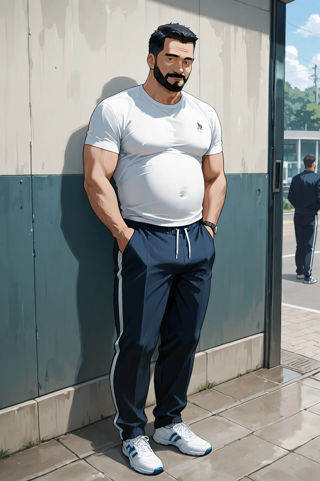 player Messi is in the middle of the street, and he is very fat, he is  and there are many people on the street laughing at him, the day is sunny, render 3d, pixa, disney