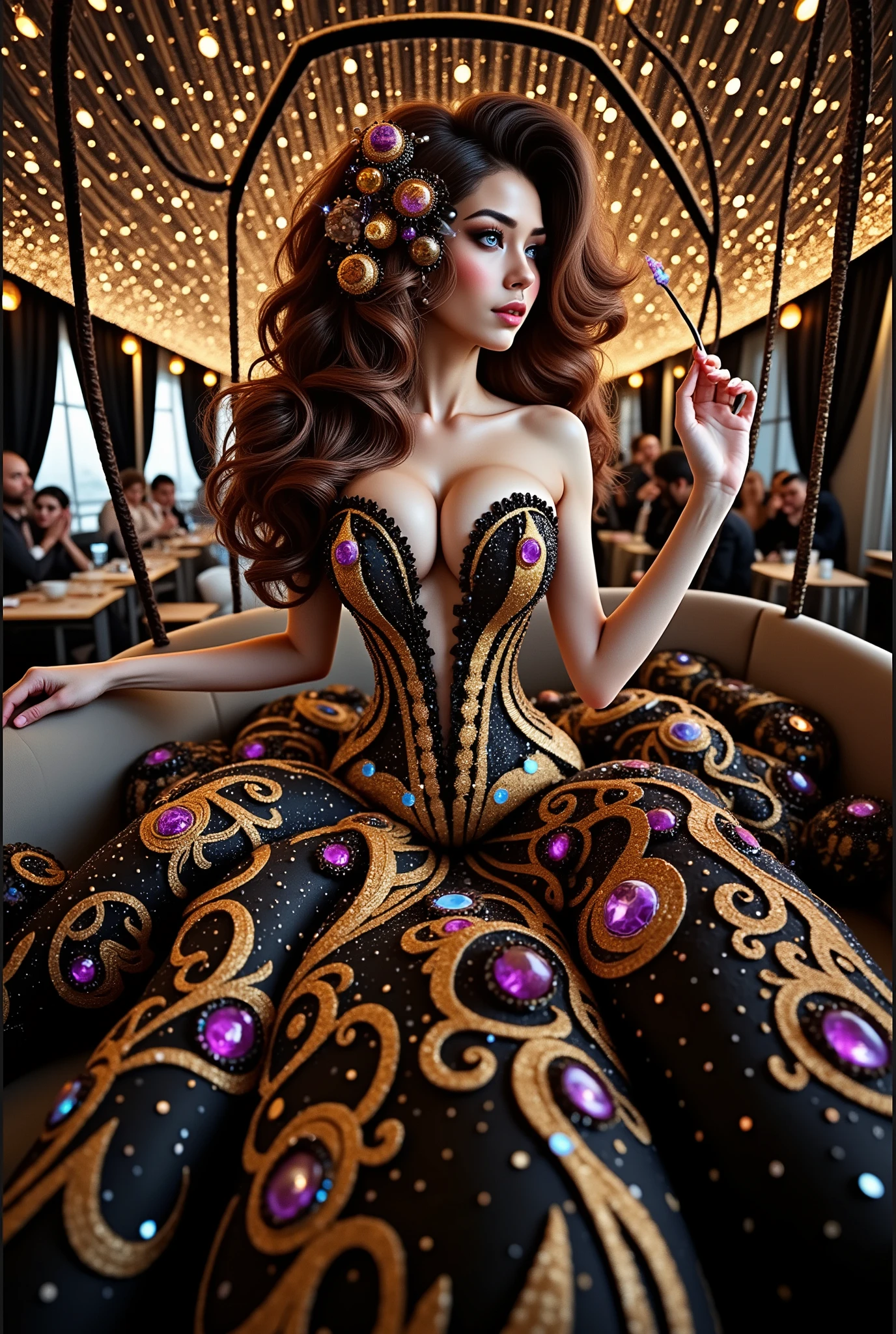 A cute japanese idol girls white-skinned, blue-eyed, thin lips, shadow eye, eyelashes, Gigantic fake boobs, Breast Press, small waist, slim body, asian girls in a strapless dress sitting in space, UHD, luxurious mechanism dress, ornate dress, shiny dress, sparkling dress, glossy motif dresses, elaborate fantasy dress with galaxy motif, elaborate fantasy long dress, expensive, voluminous dress, wearing a magnificent dress, fantasy dress, beautiful digital artwork, luxurious dress, beautiful fantasy empress, wearing ornate clothes, wearing a strapless dress made of beads and carbon fiber, photo with very sharp details, best quality:1.2),,(8k,highres,RAW photo,realistic,photo-realistic:1.3),(detailed skin texture,detailed cloth texture,detailed flame texture, beautiful detailed face:1.25),professional lighting,photon mapping,beautiful soft light,radiosity,physically-based rendering,raytracing, model shoot style, model shoot style, (extremely detailed CG unity 8k wallpaper), full shot body photo of the most beautiful artwork in the world. (Body Navel) push up breast. Breast press.