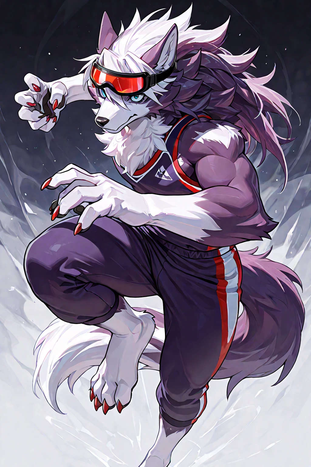 (best quality,4K,8K,highres,masterpiece:1.2),ultra-detailed, furry Wolf boy with well toned abs,wolf snout, wolf ears,Wolf tail,cyberpunk samurai,purple highlights in hair,black hair,punk hairstyle,action pose with katana,sharp focus,professional,vivid colors,studio lighting,dark atmosphere,lit by moonlight,glowing green eyes,expressive, samurai armor,dynamic movement,mysterious background scenery,sinuous motion,intense fight scene with flying cherry blossoms,(Huge ,Crying face,profuse sweat and drool,,Well-trained muscles like a bodybuilder, ),