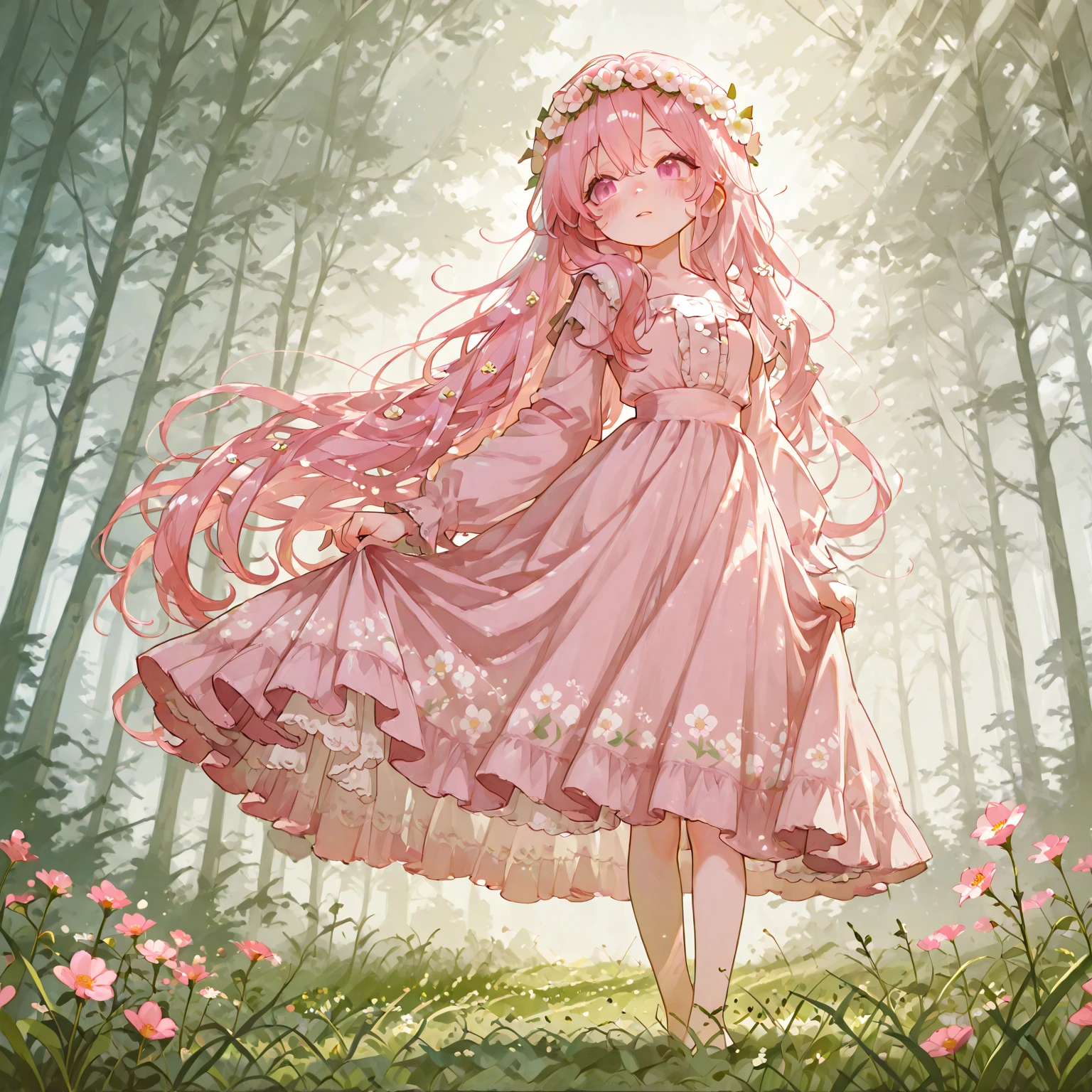 (Best Quality,Ultra-detailed,Photorealistic:1.37),Colorful,Ethereal lighting,Soft pastel tones,Atmosphere of bliss,Flower Garden,Daytime,summer feel,Joyful expression,Cheerful smile,sparkling stars,Sparkling eyes,((Long pink wavy hair)),(((Flowing dress with lots of frills and lace))), Small butterfly,Dainty floral crown,Innocent beauty,Natural and radiant appearance,Quiet and peaceful environment,Harmony with nature,Playful sunbeams,Delicate features,Dreamy whimsical atmosphere,Fun and enchanting moments, cute floral , show , transparant dress