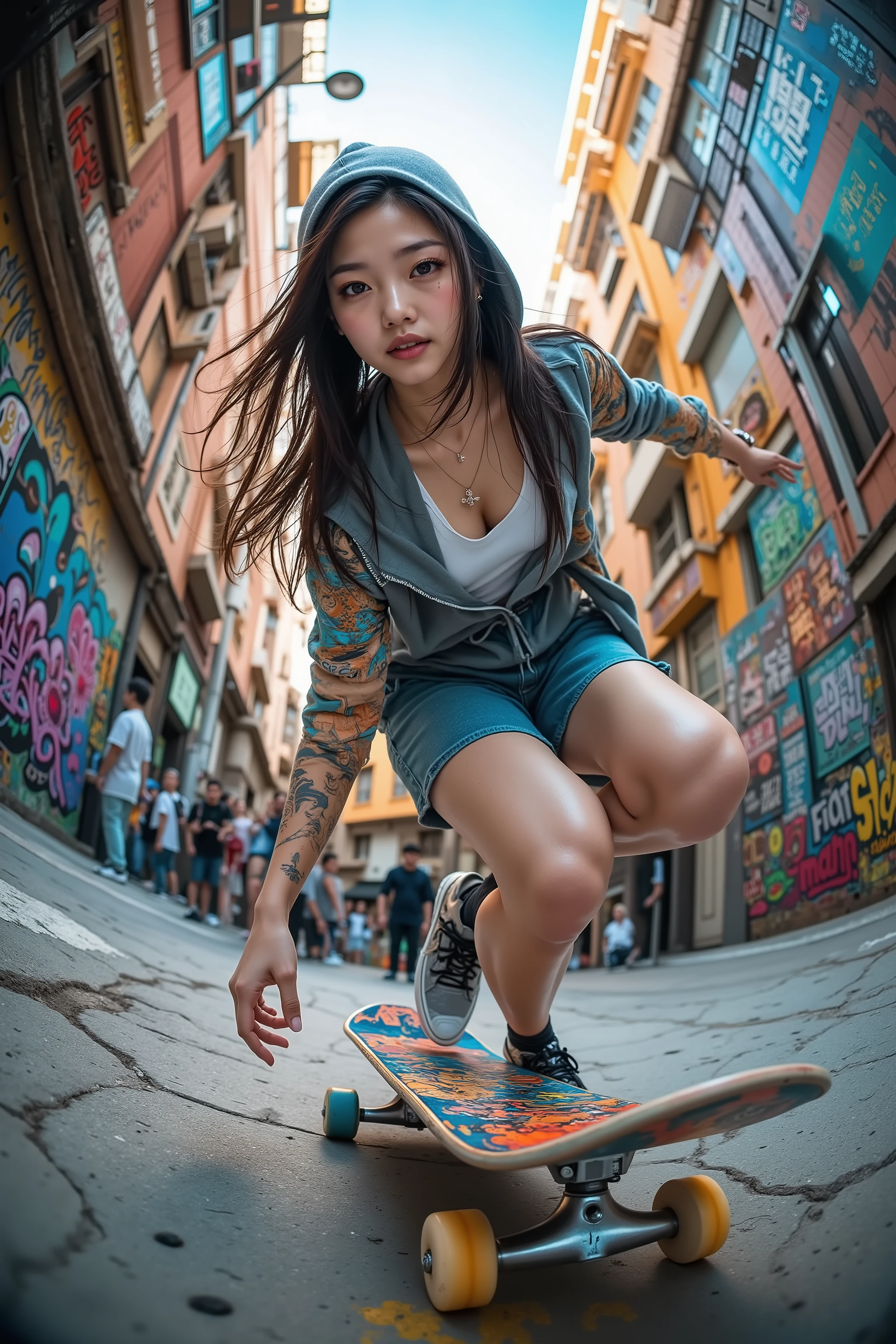 8K, Ultra High Definition, masterpiece, photorealistic, dramatic solo action scene.
A beautiful Japanese girl with a cool expression, flawless style, an extremely large bust, a slim waist, and athletic proportions.
She is a fearless teenage pro skater, wearing a tank top, a hooded jacket, and skate shoes.
Captured from a low-angle fisheye-lens perspective, in the style of a GoPro action shot, she performs a perfect mid-air kickflip on her graffiti-covered skateboard.
The board spins dynamically beneath her feet while her body remains perfectly balanced, her long hair flowing freely in the wind.
Her expression shows determination and confidence, fully immersed in the thrill of the trick.
The gritty urban setting features graffiti-covered walls and cracked pavement, curving slightly due to the fisheye distortion, emphasizing the immersive street atmosphere.
A cheering crowd is blurred in the background, their movement blending with the glowing vibrance of the daytime city.
Cinematic HDR lighting, extreme realism, vivid graffiti details, ultra-sharp focus on the skater, with motion blur capturing the speed and energy of the trick.
An intense fisheye low-angle GoPro-style portrait of rebellious youth, urban dynamism, and fearless beauty.