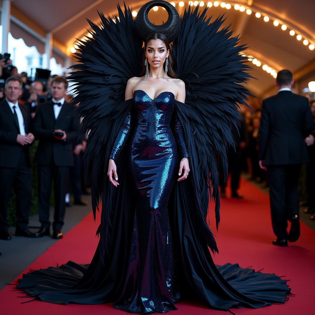 Ultra Photo of Lady Gaga with black wings spinel on dress with tourmaline diamond kunzite sparks, 16K texture, robotic and extravagant dress and strange hairstyle, 16k picture, haute couture, flashes, high image quality, extravagant and bright dress, realistic face and body, tattoos, 16k body and face, dramatic poses, UHD HDR DSLR