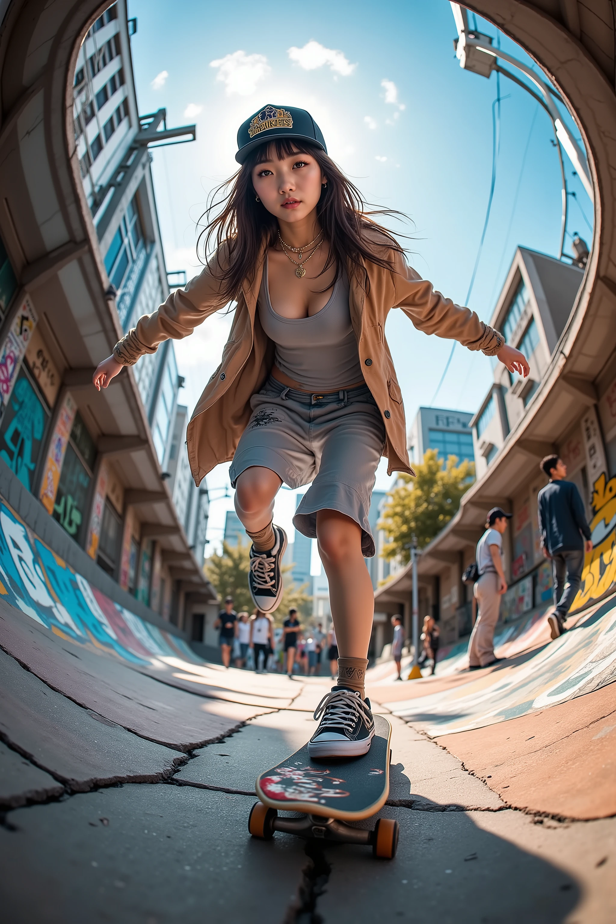 8K, Ultra High Definition, masterpiece, photorealistic, dramatic solo action scene.
A beautiful Japanese girl with a cool expression, flawless style, an extremely large bust, a slim waist, and athletic proportions.
She is a fearless teenage pro skater, wearing a tank top, a hoodless jacket, a baseball cap, and skate shoes.
Captured from a low-angle fisheye-lens perspective, in the style of a GoPro action shot, she performs a perfect mid-air kickflip on her graffiti-covered skateboard.
The board spins dynamically beneath her feet while her body remains perfectly balanced, her long hair flowing freely in the wind from under the cap.
Her gaze is directed not at the camera, but toward the distance, giving her presence a sense of determination and purpose.
The gritty urban setting features graffiti-covered walls and cracked pavement, curving slightly due to the fisheye distortion, emphasizing the immersive street atmosphere.
A cheering crowd is blurred in the background, their movement blending with the glowing vibrance of the daytime city.
Cinematic HDR lighting, extreme realism, vivid graffiti details, ultra-sharp focus on the skater, with motion blur capturing the speed and energy of the trick.
An intense fisheye low-angle GoPro-style portrait of rebellious youth, urban dynamism, and fearless beauty.