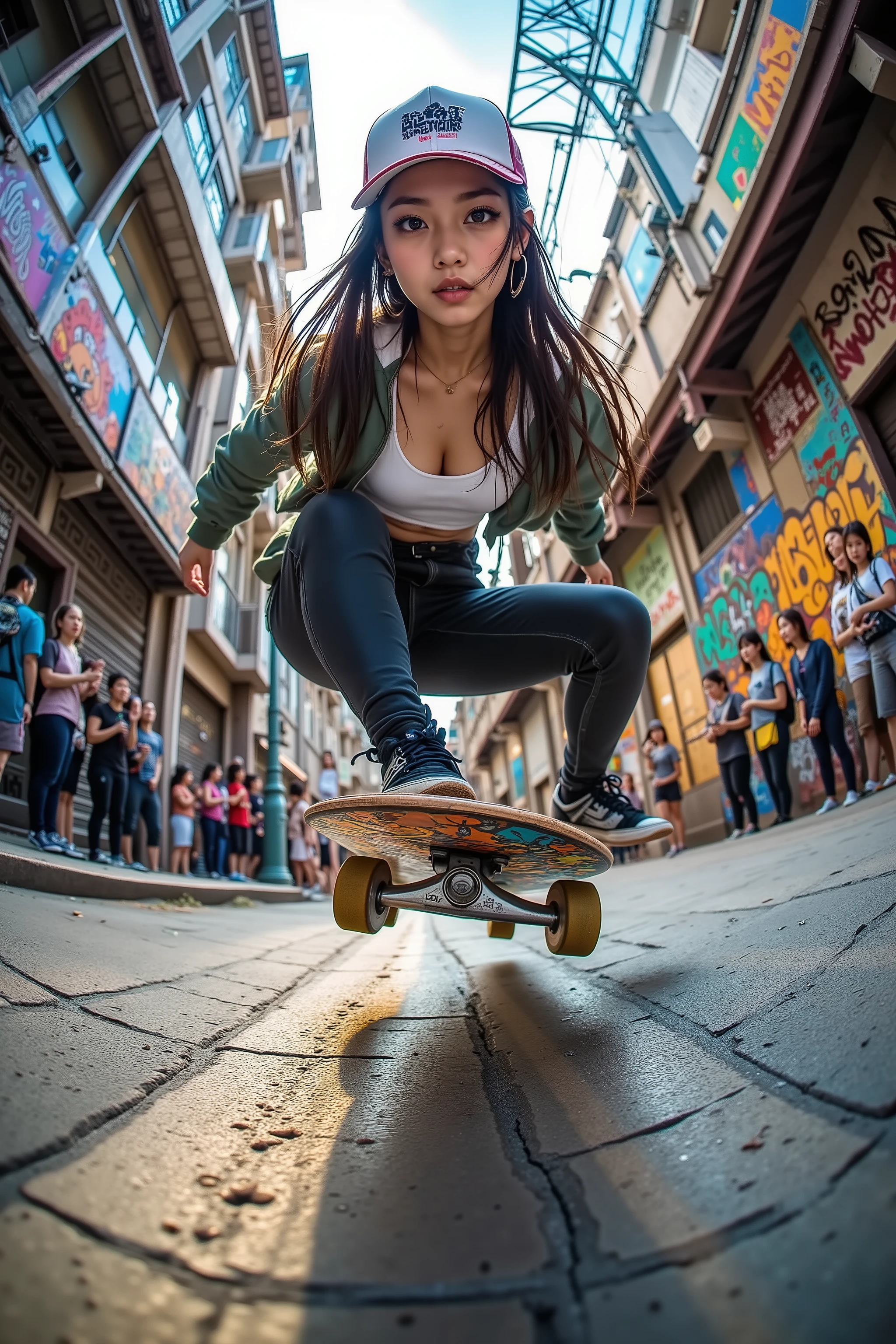 8K, Ultra High Definition, masterpiece, photorealistic, dramatic solo action scene.
A beautiful Japanese girl with a cool expression, flawless style, an extremely large bust, a slim waist, and athletic proportions.
She is a fearless teenage pro skater, wearing a tank top, a hoodless jacket, a baseball cap, and skate shoes.
Captured from a low-angle fisheye-lens perspective, in the style of a GoPro action shot, she performs a perfect mid-air kickflip on her graffiti-covered skateboard.
The board spins dynamically beneath her feet while her body remains perfectly balanced, her long hair flowing freely in the wind from under the cap.
Her gaze is directed not at the camera, but toward the distance, giving her presence a sense of determination and purpose.
The gritty urban setting features graffiti-covered walls and cracked pavement, curving slightly due to the fisheye distortion, emphasizing the immersive street atmosphere.
A cheering crowd is blurred in the background, their movement blending with the glowing vibrance of the daytime city.
Cinematic HDR lighting, extreme realism, vivid graffiti details, ultra-sharp focus on the skater, with motion blur capturing the speed and energy of the trick.
An intense fisheye low-angle GoPro-style portrait of rebellious youth, urban dynamism, and fearless beauty.