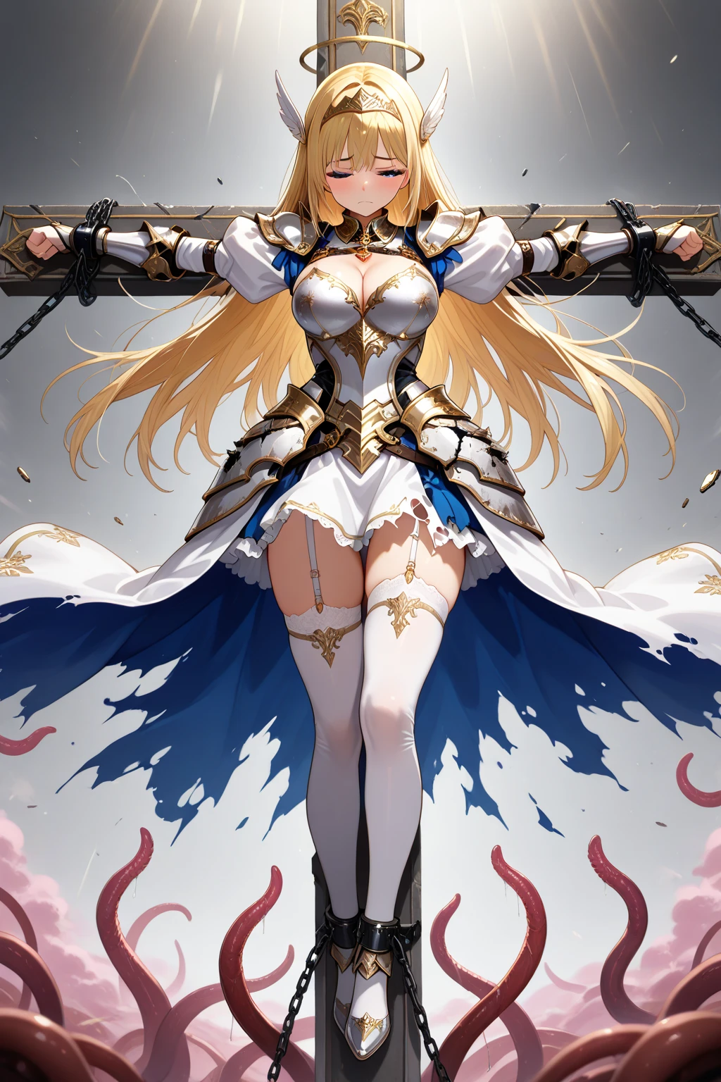 4k,High resolution,One Woman,Cream colored hair,long hair,Braid,Green Eyes,Big Breasts,knight,White leotard armor,Full Armor,Heavy Armor,Black shoes,Fishnet tights,Gold decoration,Long sword,Plains