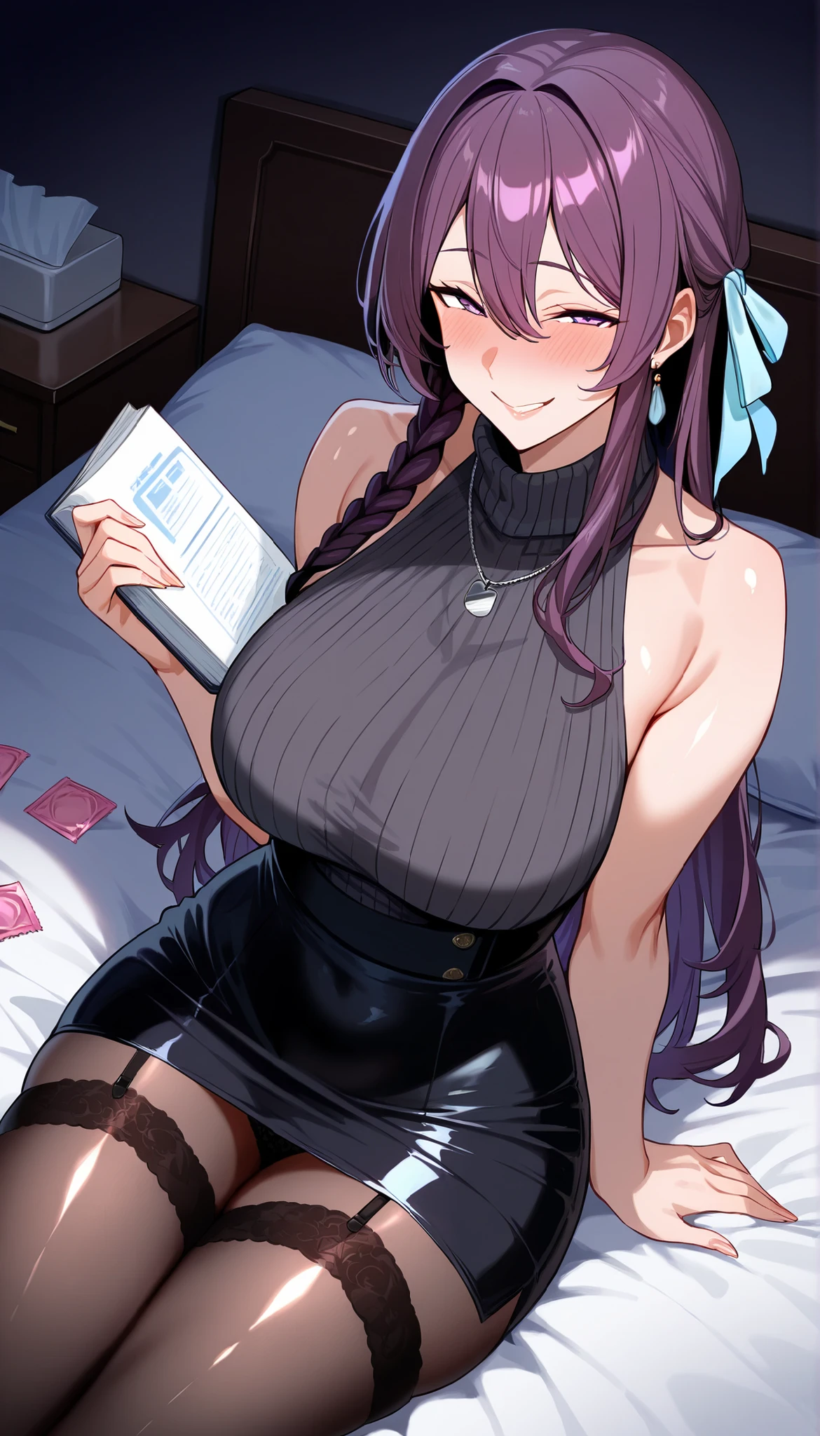 score_9, score_8_up , score_7_up , score_6_up , score_5_up , score_4_up , source_reality, Tag 1 , Tags 2, Quality_masterpiece, 1girl ,\(medical care、high-waisted pencil miniskirt、 turtleneck sleeveless sweater、small breasts、 shiny black stockings \),
Year_2023,perspective,high resolution,High Precision,absurd,素晴らしいQuality,最高Quality,masterpiece,very aesthetic,masterpiece,simple background,
Indoor,cowboy_shot,transparent clothing,viewers,close-up ,Macro_shot,seductive_smile,naughty_ face,,(),love hotel,lace panties,panties, dark,Lambentolite,sitting on the bed,condom,Cinematic_angle,from_side, (glossy skin)、Maria Morning Star, long hair, purple hair carrying a book, hair ribbon, braids, breaks the hair between the eyes, purple eyes, (I want a costume)、generally、lie down on the bed、open crotch、legs wide open、(facing LUMINE:1.8)