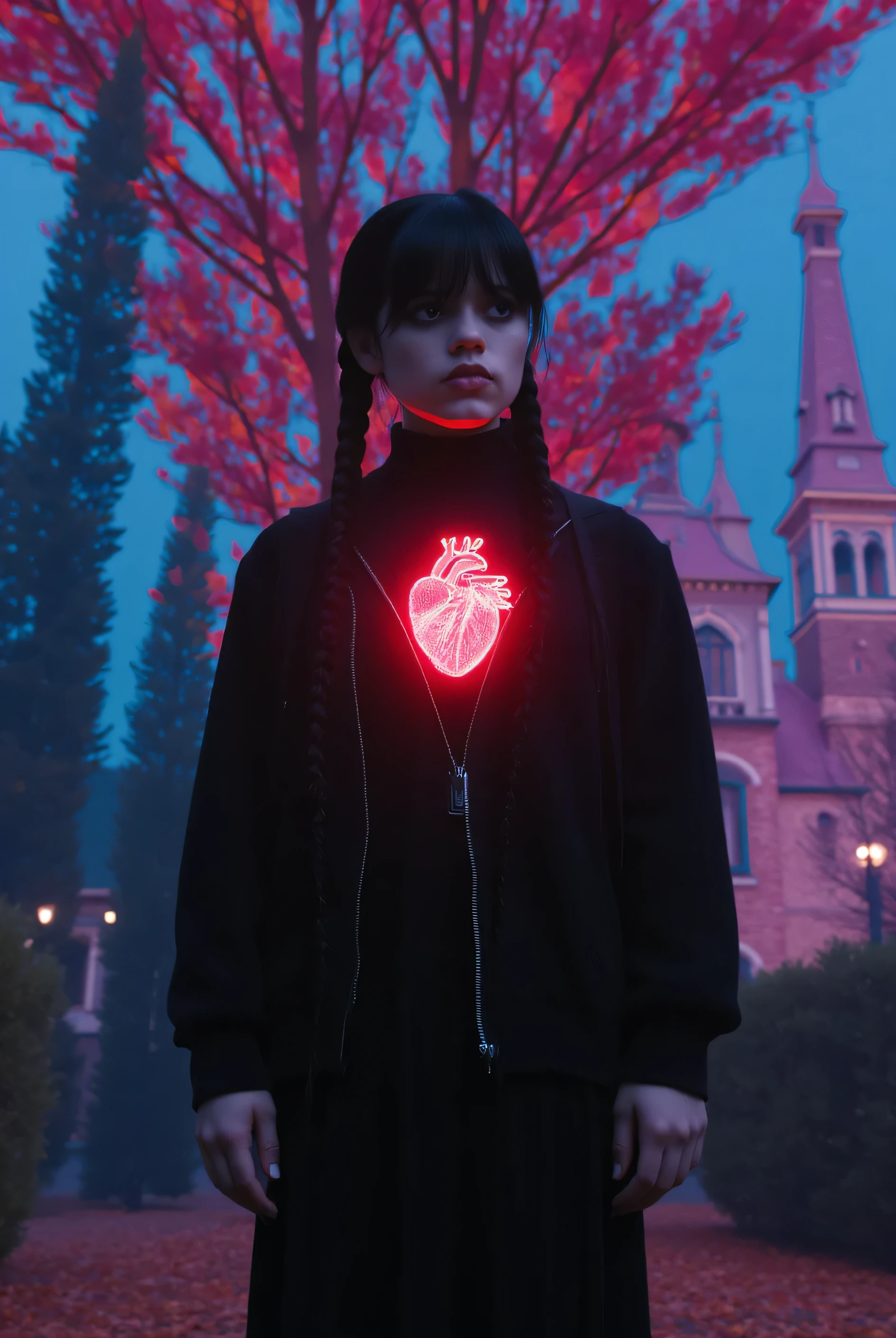 wednesday addams, with a red heartbeat on her and a very colorful background with high contrasts with a big bell tower