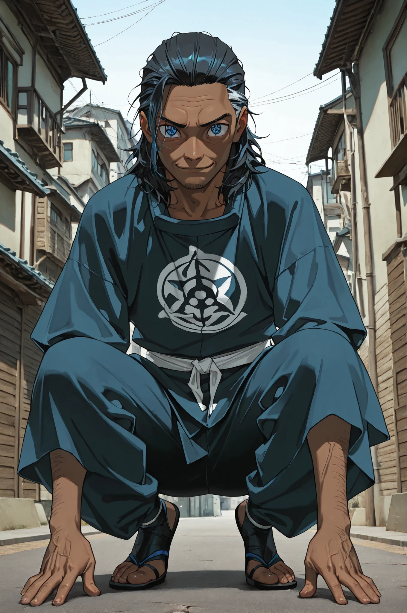 masterpiece, best quality, amazing quality, very aesthetic, high resolution, newest, hyper-detailed, (close up),solo, male character, mature man, medium hair, African skin color, slim male figure, blue eyes, ((sharingan eyes )), gentle smile, chuunin clothes , full body, fan art, a modern city on the background