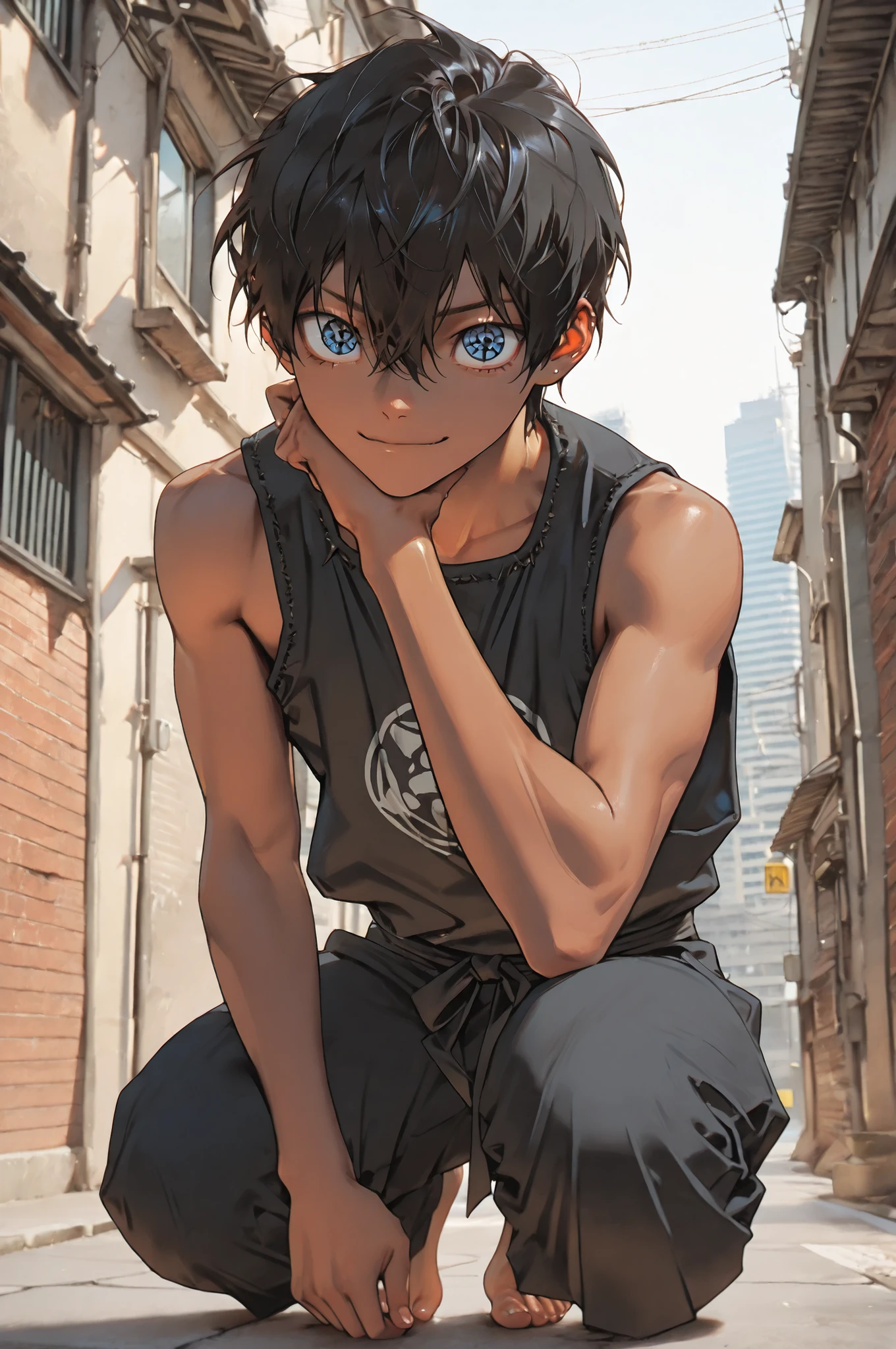 masterpiece, best quality, amazing quality, very aesthetic, high resolution, newest, hyper-detailed, (close up),solo, male character, Short hair, African skin color, slim male figure, blue eyes, ((sharingan eyes )), gentle smile, jounin clothes , full body, fan art, a modern city on the background