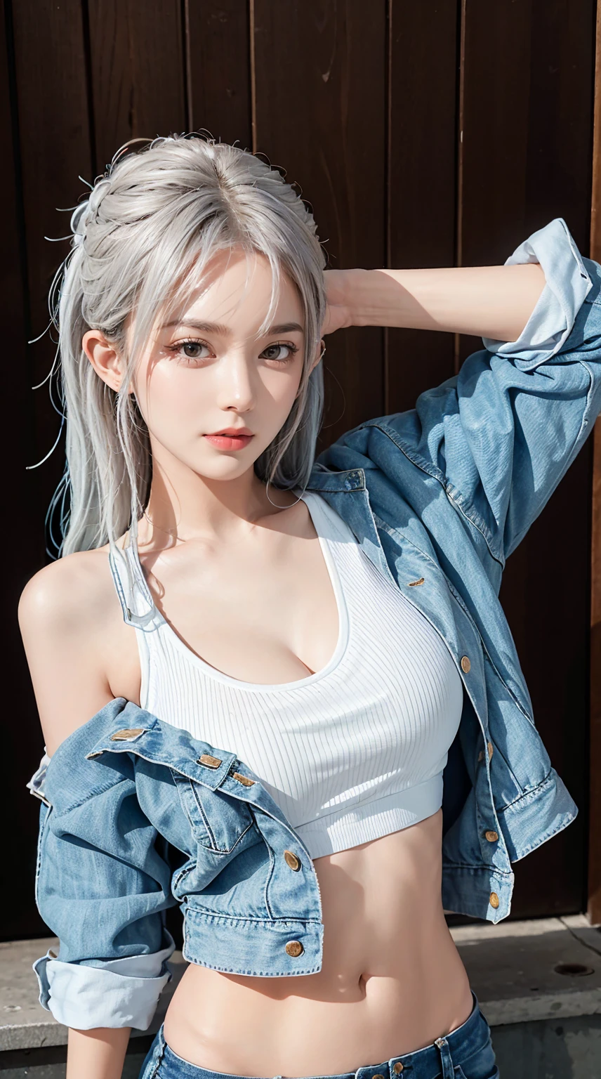 1girl, messy white hair, dark red eyes, wearing black tank top, black baggy jeans, japanese village, high res, ultrasharp, 8k, masterpiece, looking at viewer