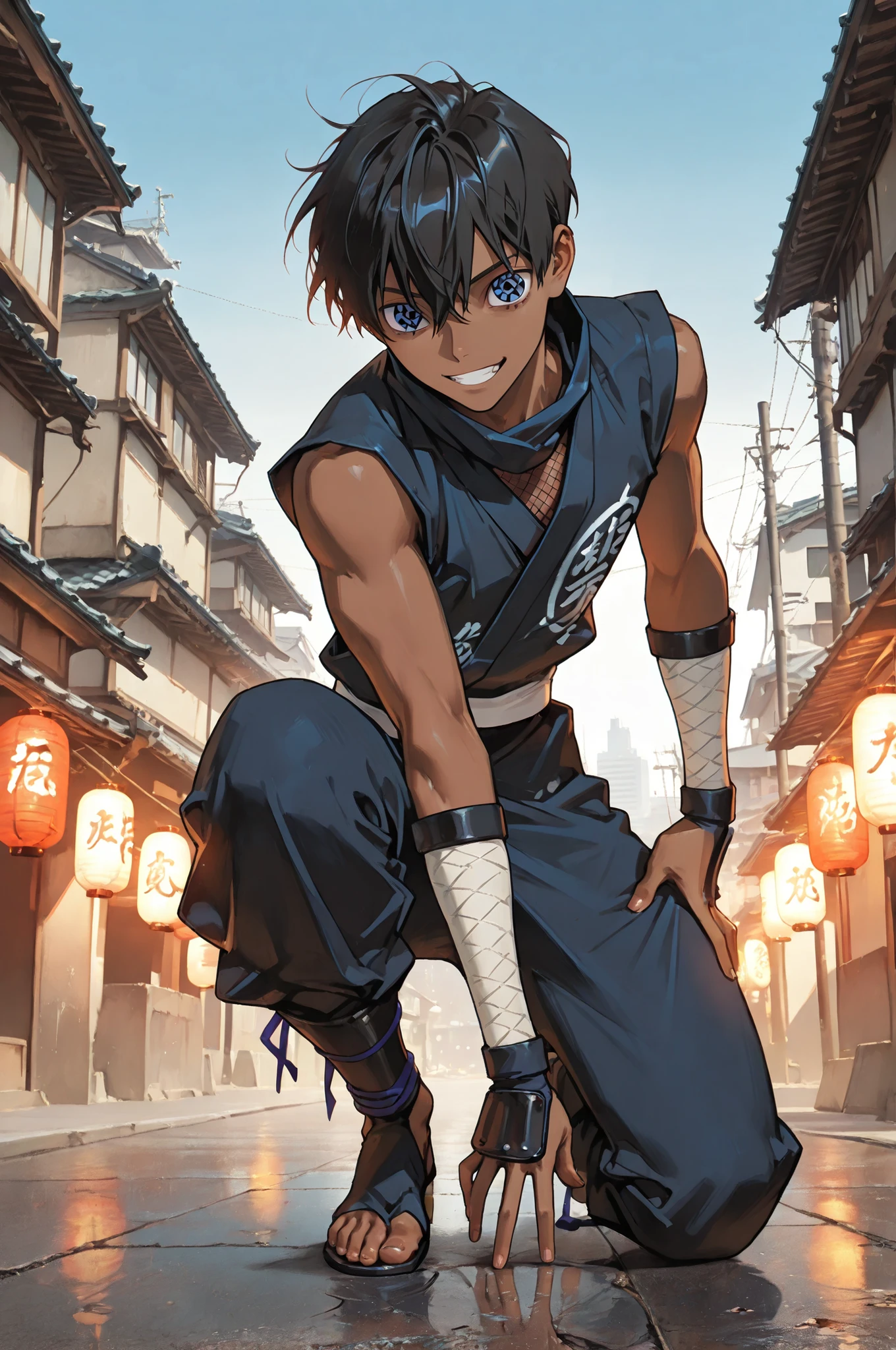 masterpiece, best quality, amazing quality, very aesthetic, high resolution, newest, hyper-detailed, ,solo, male character, 1 boy, adolescent, Short hair, African skin color, slim male figure, blue eyes, ((sharingan eyes )), gentle smile, ninja clothes , full body, fan art, a modern city on the background