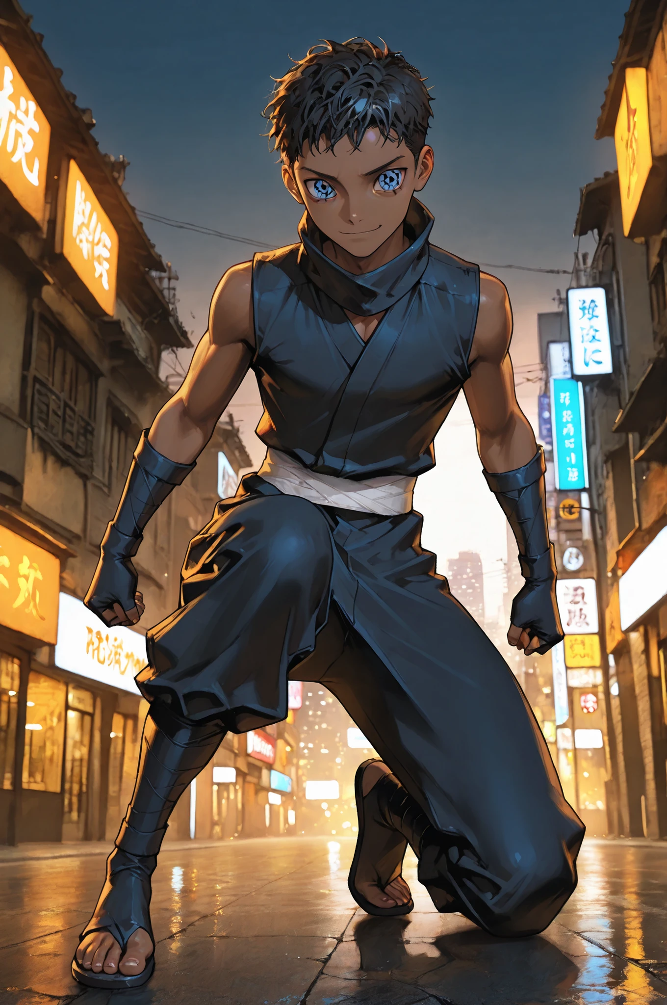 masterpiece, best quality, amazing quality, very aesthetic, high resolution, newest, hyper-detailed, ,solo, male character, 1 boy, adolescent, Short hair, African skin color, slim male figure, blue eyes, ((sharingan eyes )), gentle smile, ninja clothes cosplay , full body, fan art, a modern contemporary city on the background