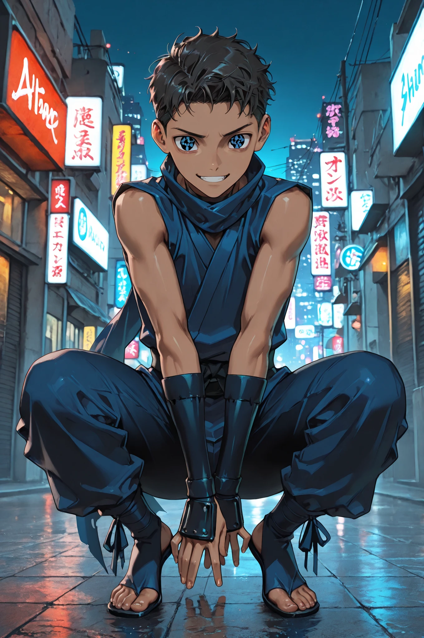 masterpiece, best quality, amazing quality, very aesthetic, high resolution, newest, hyper-detailed, ,solo, male character, 1 boy, adolescent, Short hair, African skin color, slim male figure, blue eyes, ((sharingan eyes )), gentle smile, ninja clothes cosplay , full body, fan art, a modern contemporary city on the background