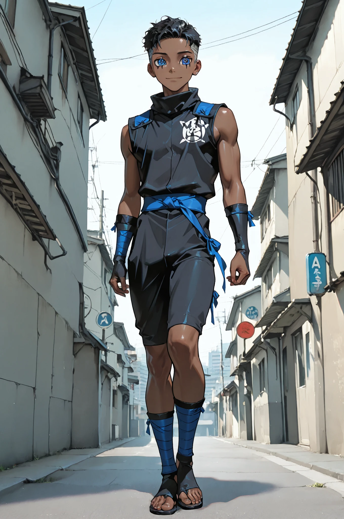 masterpiece, best quality, amazing quality, very aesthetic, high resolution, newest, hyper-detailed, ,solo, male character, 1 boy, adolescent, Short hair, African skin color, slim male figure, blue eyes, ((sharingan eyes )), gentle smile, ninja clothes cosplay , full body, fan art, a modern contemporary city on the background