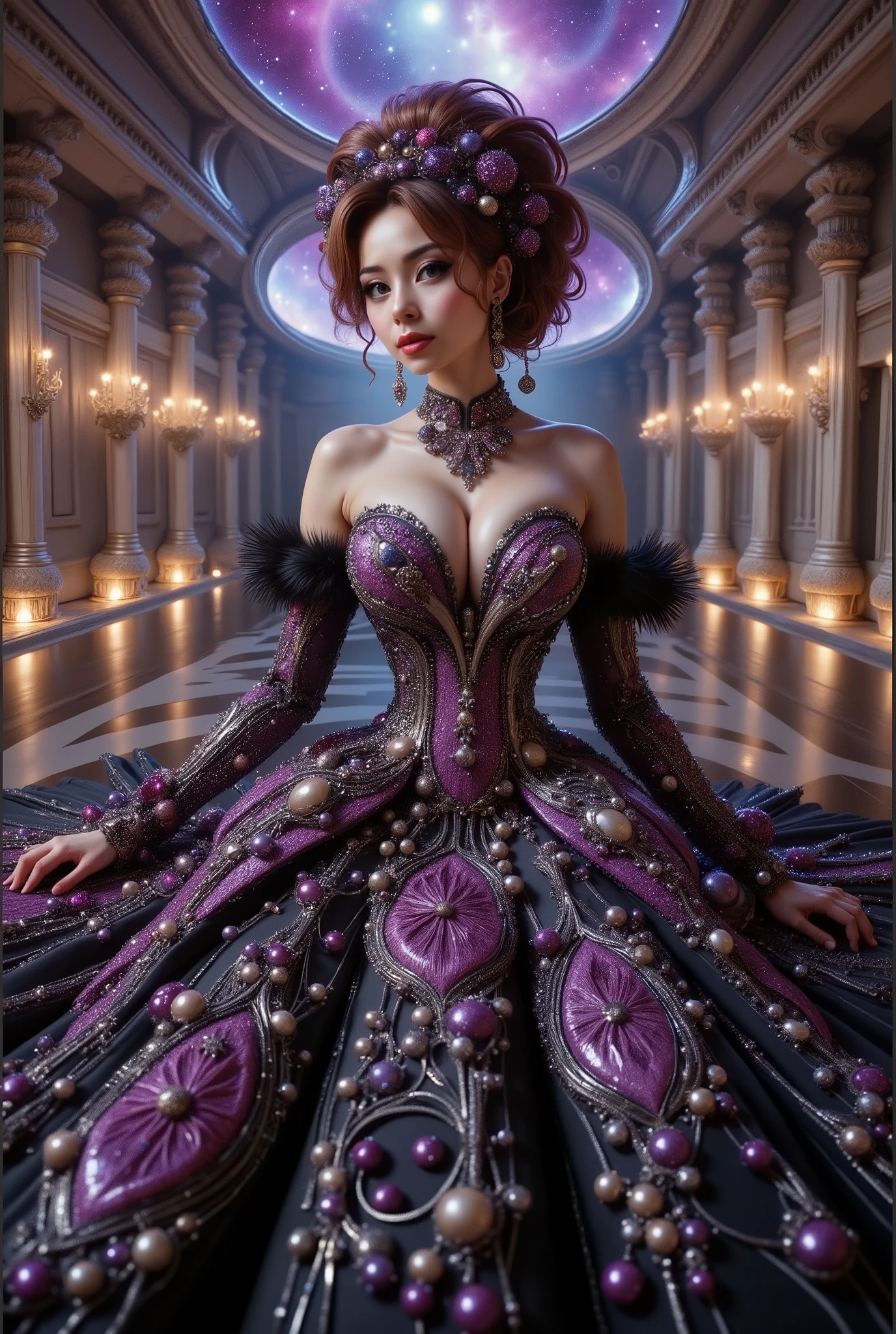 A cute japanese idol girls white-skinned, blue-eyed, thin lips, shadow eye, eyelashes, Gigantic fake boobs, Breast Press, small waist, slim body, asian girls in a strapless dress sitting in space, UHD, luxurious mechanism dress, ornate dress, shiny dress, sparkling dress, glossy motif dresses, elaborate fantasy dress with galaxy motif, elaborate fantasy long dress, expensive, voluminous dress, wearing a magnificent dress, fantasy dress, beautiful digital artwork, luxurious dress, beautiful fantasy empress, wearing ornate clothes, wearing a strapless dress made of beads and carbon fiber, photo with very sharp details, best quality:1.2),,(8k,highres,RAW photo,realistic,photo-realistic:1.3),(detailed skin texture,detailed cloth texture,detailed flame texture, beautiful detailed face:1.25),professional lighting,photon mapping,beautiful soft light,radiosity,physically-based rendering,raytracing, model shoot style, model shoot style, (extremely detailed CG unity 8k wallpaper), full shot body photo of the most beautiful artwork in the world. (Body Navel) push up breast. Breast press.