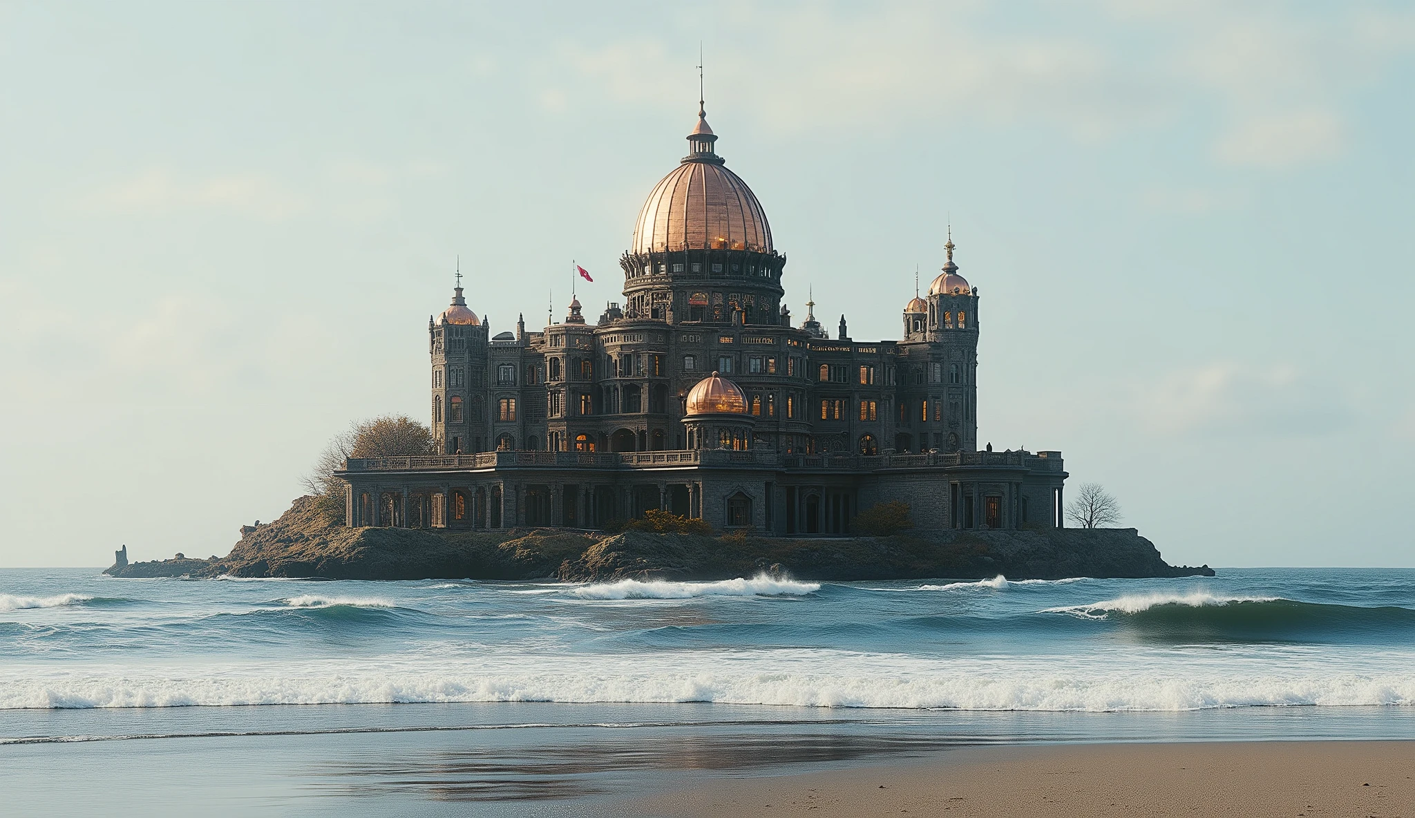 ((best quality)), ((masterpiece)), ((realistic, digital photograph)), (hyper detailed),gothic style dwelling place ,standing alone Multi story mansion, `viewed from a distance, 1 large mansion in the center shiny dome copper in colour, situated on a peninsular at the beach, beautiful surfing waves breaking on the beach, Wide angle view, raytracing, HDR,8K, seen from a distance,