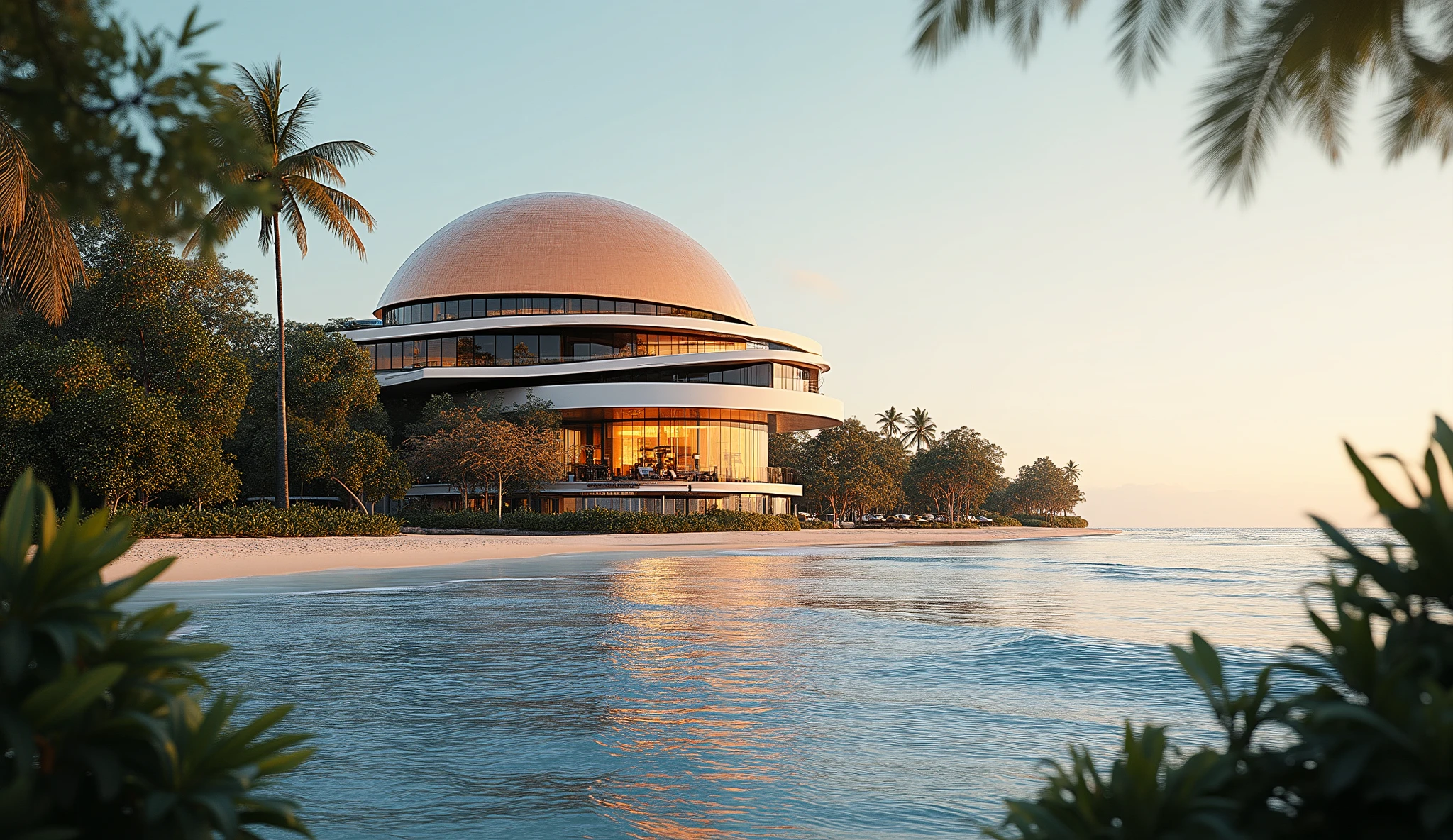 ((best quality)), ((masterpiece)), ((realistic, digital photograph)), (hyper detailed), modern style dwelling place ,standing alone Multi story mansion, `viewed from a distance, 1 large mansion in the center shiny dome copper in colour, tropical jungle, situated on the beach front, beautiful surfing waves breaking on the beach, side angle view, raytracing, HDR,8K, seen from a distance,


