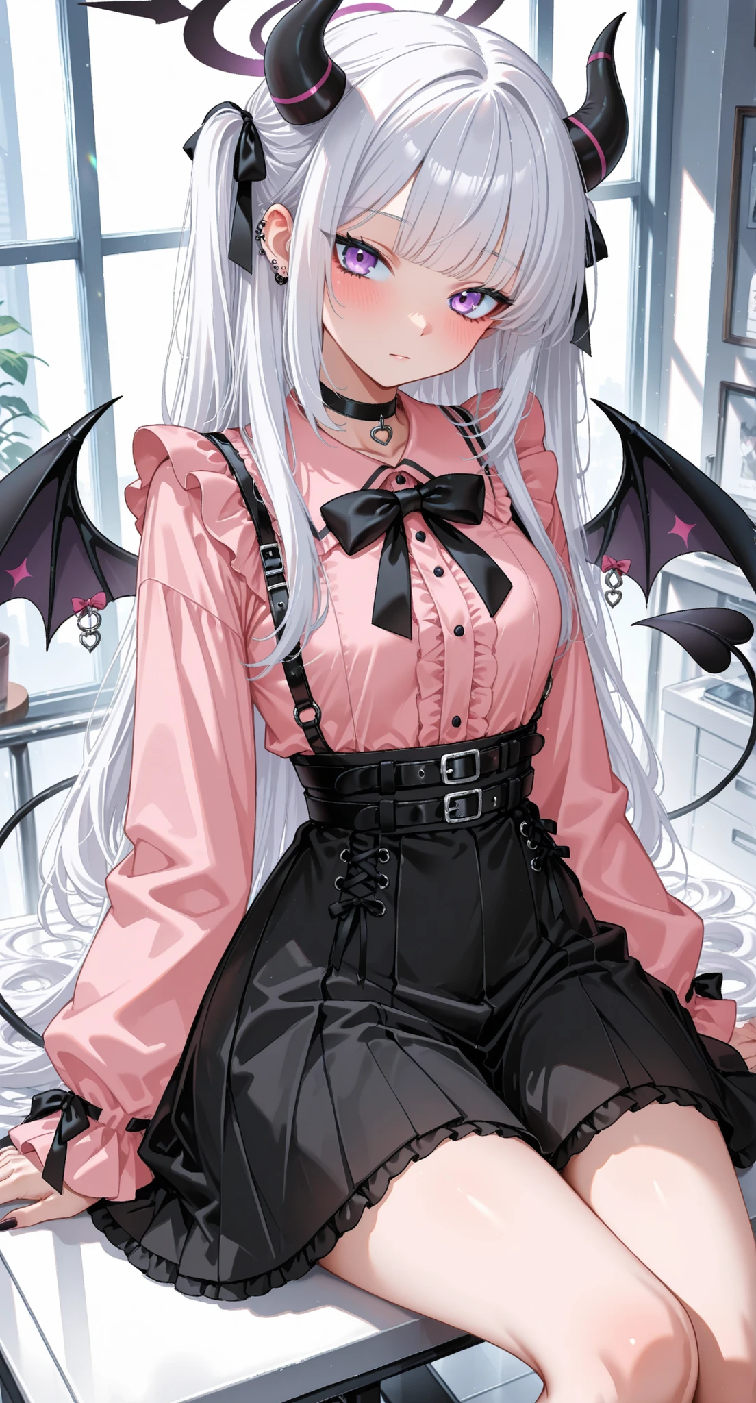 easts, demon girl, demon horns, demon wings, halo, horns, jirai kei, long hair, looking at viewer, purple eyes, sitting, small breasts, solo, very long hair, white hair, wings, karaage \(xxxmido02\), blue archive