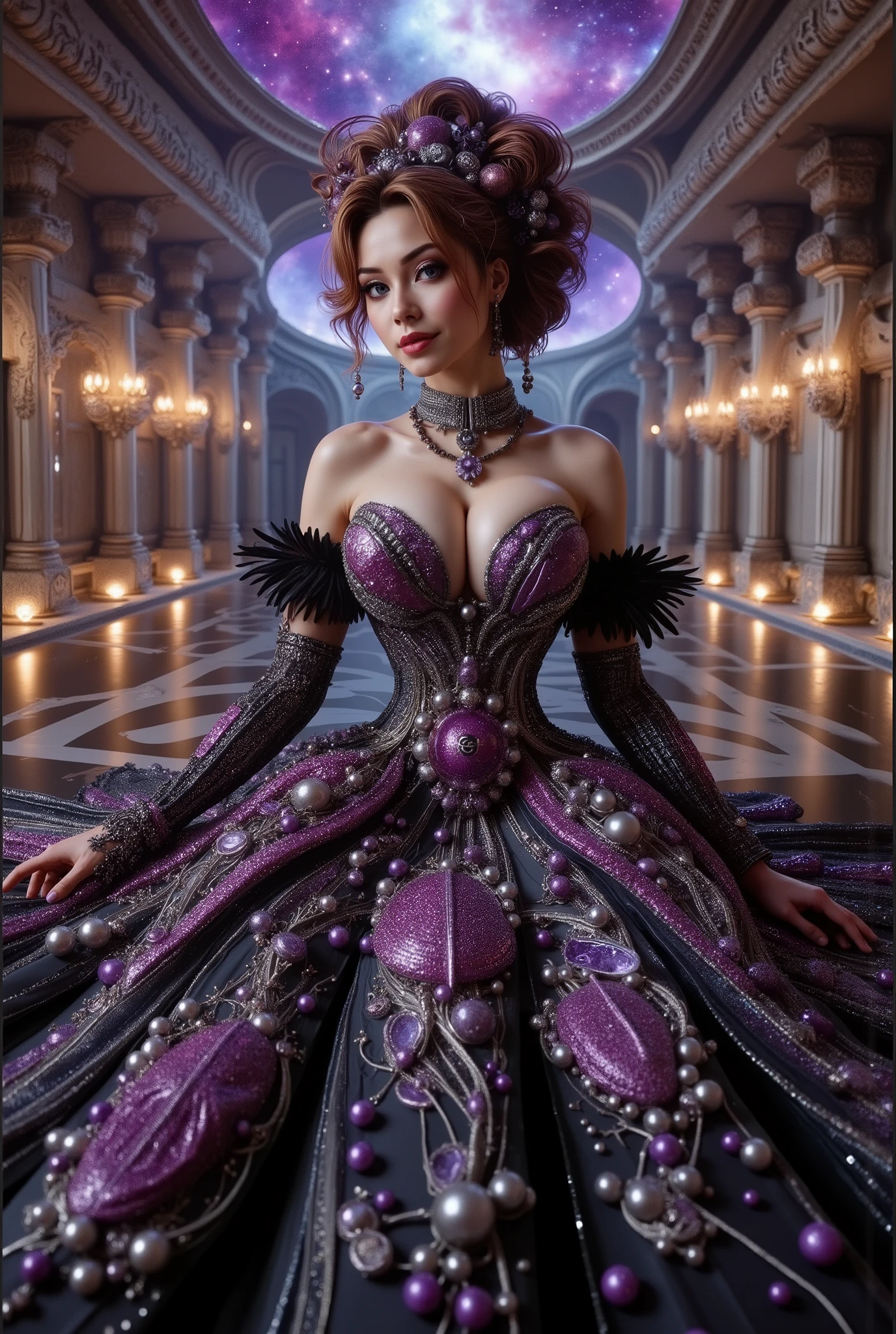 A cute japanese idol girls white-skinned, blue-eyed, thin lips, shadow eye, eyelashes, Gigantic fake boobs, Breast Press, small waist, slim body, asian girls in a strapless dress sitting in space, UHD, luxurious mechanism dress, ornate dress, shiny dress, sparkling dress, glossy motif dresses, elaborate fantasy dress with galaxy motif, elaborate fantasy long dress, expensive, voluminous dress, wearing a magnificent dress, fantasy dress, beautiful digital artwork, luxurious dress, beautiful fantasy empress, wearing ornate clothes, wearing a strapless dress made of beads and carbon fiber, photo with very sharp details, best quality:1.2),,(8k,highres,RAW photo,realistic,photo-realistic:1.3),(detailed skin texture,detailed cloth texture,detailed flame texture, beautiful detailed face:1.25),professional lighting,photon mapping,beautiful soft light,radiosity,physically-based rendering,raytracing, model shoot style, model shoot style, (extremely detailed CG unity 8k wallpaper), full shot body photo of the most beautiful artwork in the world. (Body Navel) push up breast. Breast press.