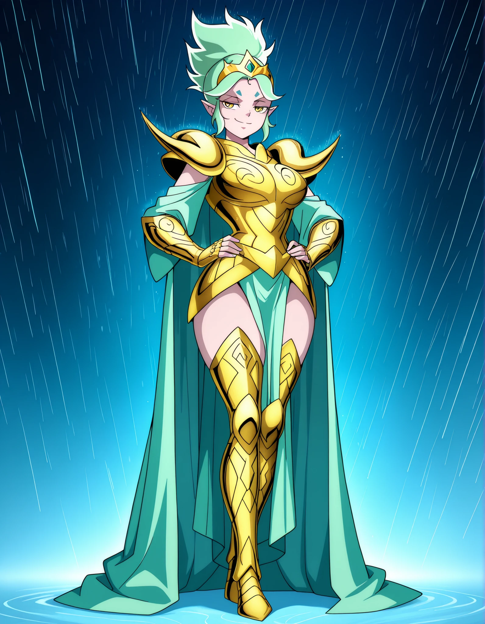(((Highest Quality)), (Saint Seiya Style), anime Girl, female, 1girl, solo, large breast, thighs, hips, light pale skinned, standing, full body, hips, thighs, Smug, (Mint green hair), golden yellow eyes, High ponytail, short hair, (slipped back hair bangs), (blunt hair Tips), light pale skinned female, (Pointy ears), Masterpiece, Perfect Anatomy, Super Detailed, Wide thighs, wide hips, Large breast, turquoise princess tiara, turquoise tiara, princess tiara, knight robe, player, in starlight night, Medieval royalty full Body golden armor, (Golden royalty full body armor), Full body, turquoise robe, robe under Golden armor, armor over robe, raining, night background, starlight background, green stars, green starlight background, Aries armor,
