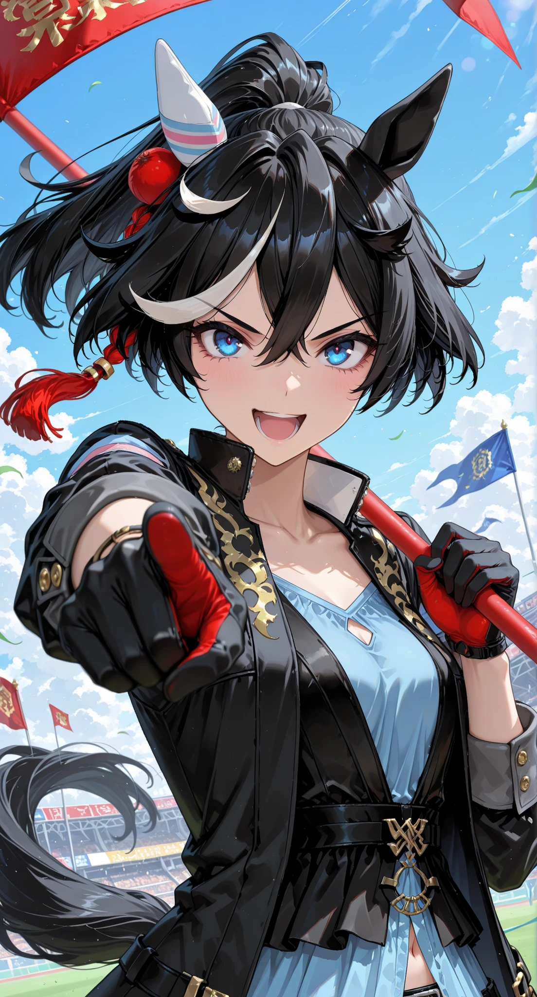 katsuragi ace \(umamusume\), 1girl, animal ears, black coat, black gloves, black hair, black vest, blue eyes, blue shirt, blue sky, breasts, clenched hands, cloud, coat, collarbone, crossed bangs, ear covers, flag, floating hair, gloves, hair between eyes, hair ornament, hand up, holding, holding flag, horse ears, horse girl, horse tail, long sleeves, multicolored hair, open mouth, outdoors, outstretched arm, pointing, pointing at viewer, ponytail, shirt, short hair, shouting, sky, small breasts, smile, solo, streaked hair, tail, upper body, v-shaped eyebrows, vest, wind, uri umu, umamusume