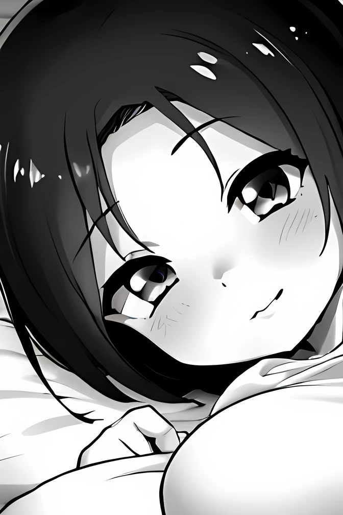 ((( Line art ))),((( monochrome:1.2))),1girl,ideal ratio body proportions,(iris ), Dark Eyes ,( small eyes ),(Slanted Eyes) ,(open eyes),smile ,((black hair))),( short bob hair ),bangs ,(closed mouth),(cute lips),((big breasts)),(disproportionate breasts),cleavage,((short stature)),(cute pajamas ),( peace of mind),(((lying :1.2))),looking at viewer,indoor,bedroom ,(((on the bed ))),(((face close up))),angle from above ,